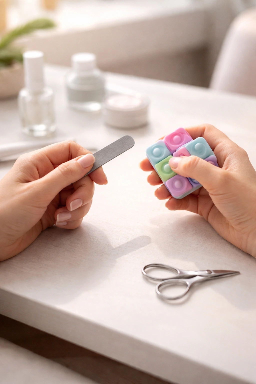 Close-up of hands with a nail file and a fidget toy on a desk