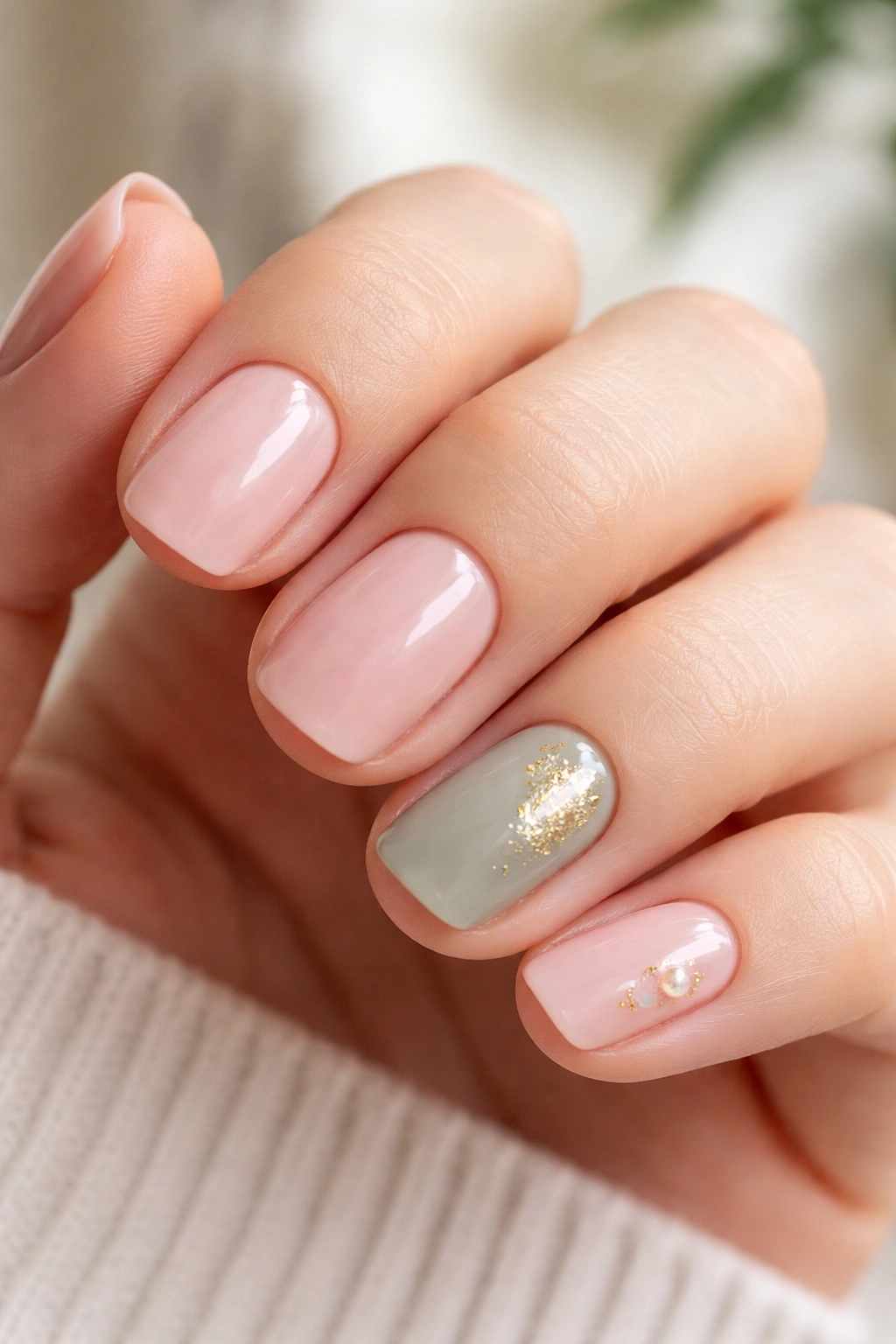 Hand with short squoval nails showing soft pink with pearls and sage green with gold leaf accents