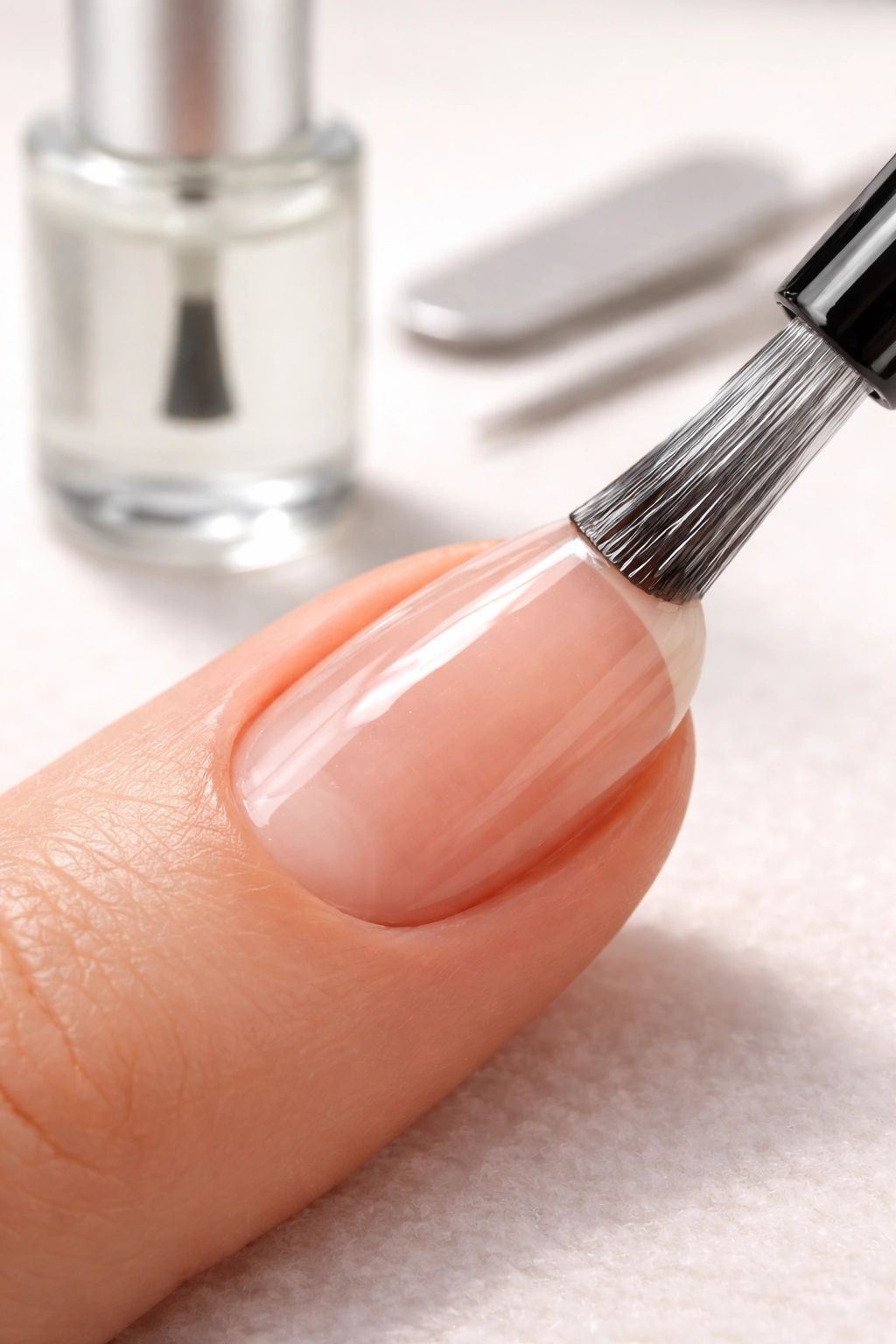 Nail being coated with a clear glossy layer
