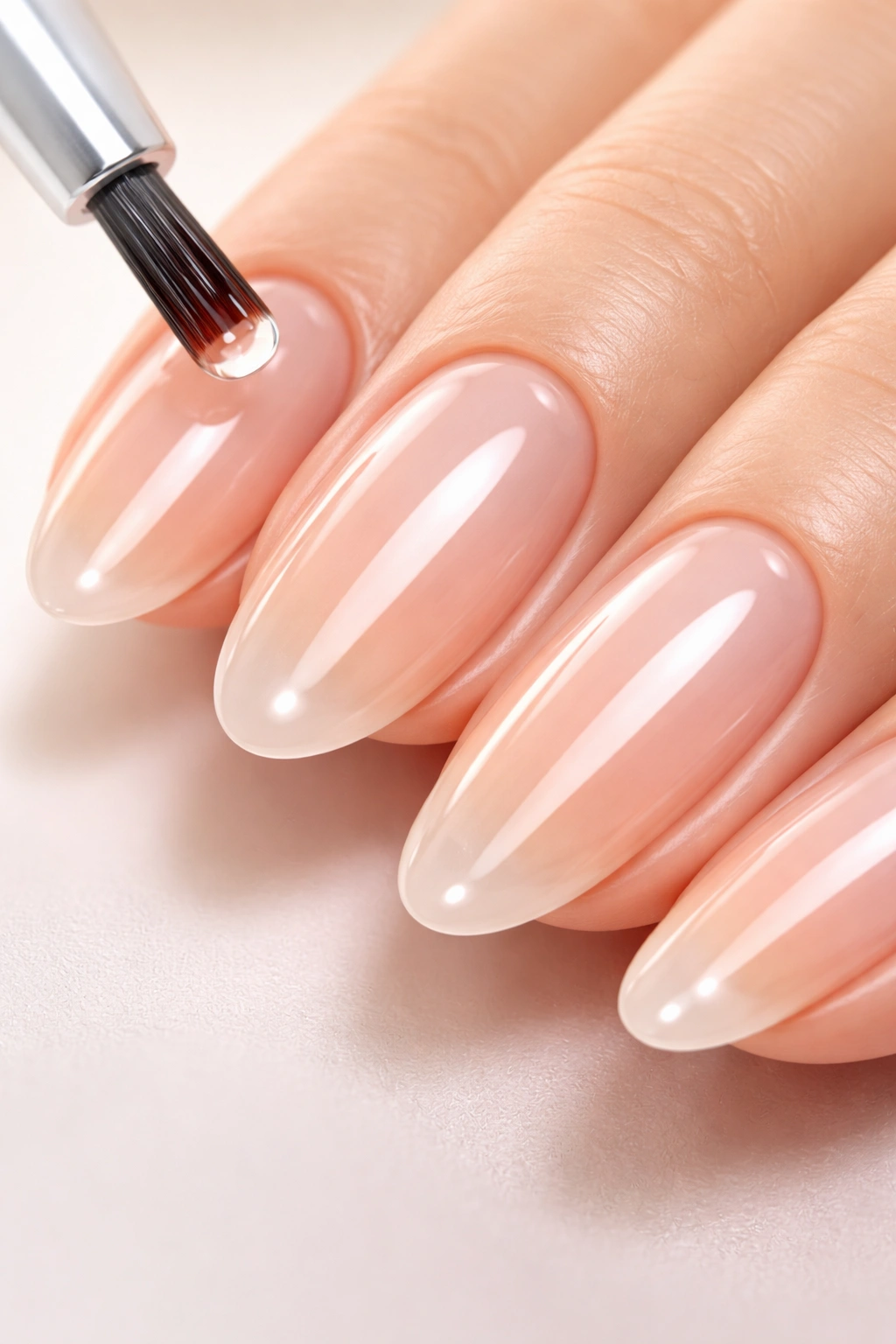 Nails showing a thin glossy strengthening base coat