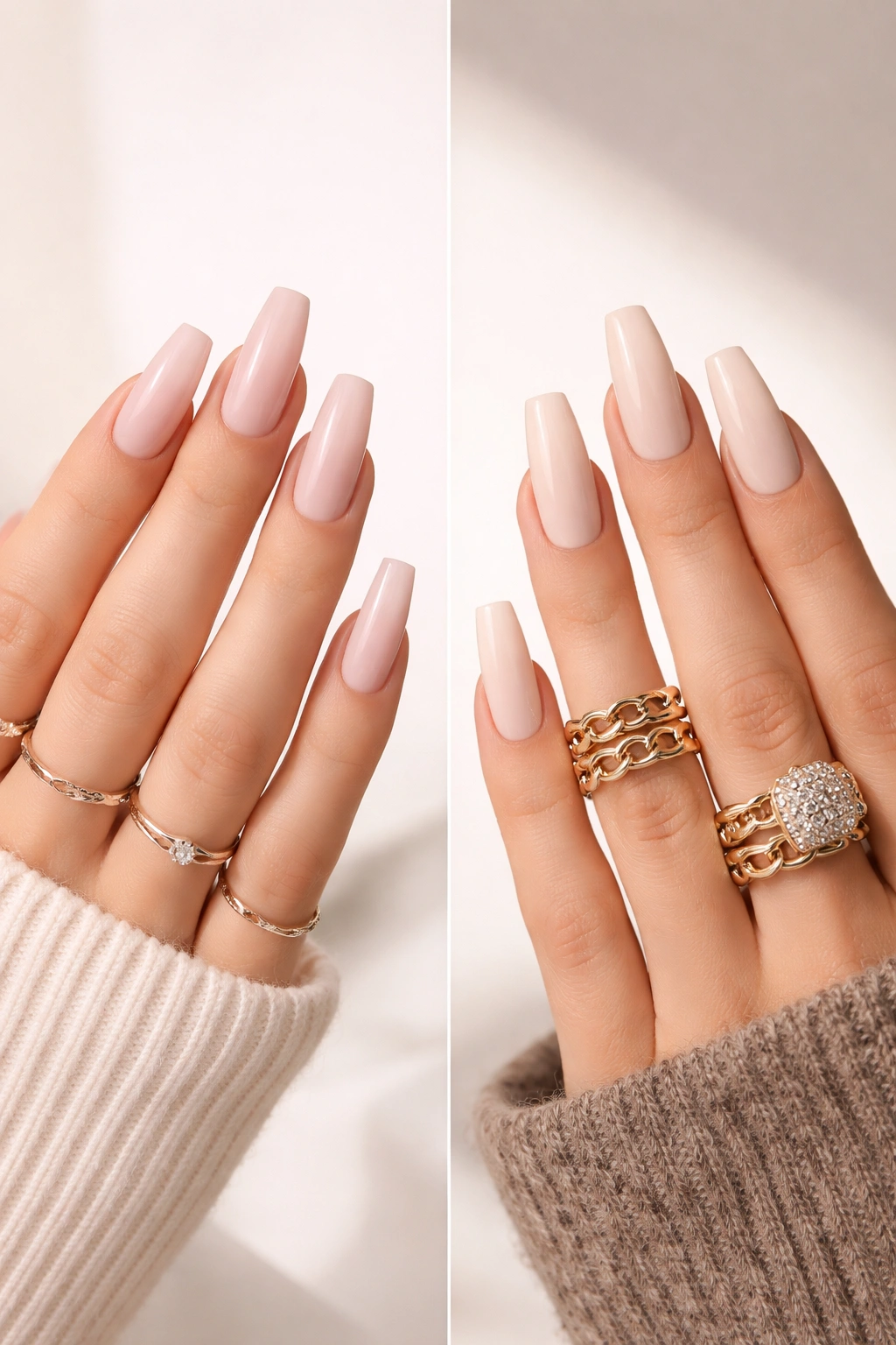 Hands with ballerina nails styled simply and coffin nails styled boldly to illustrate styling tips
