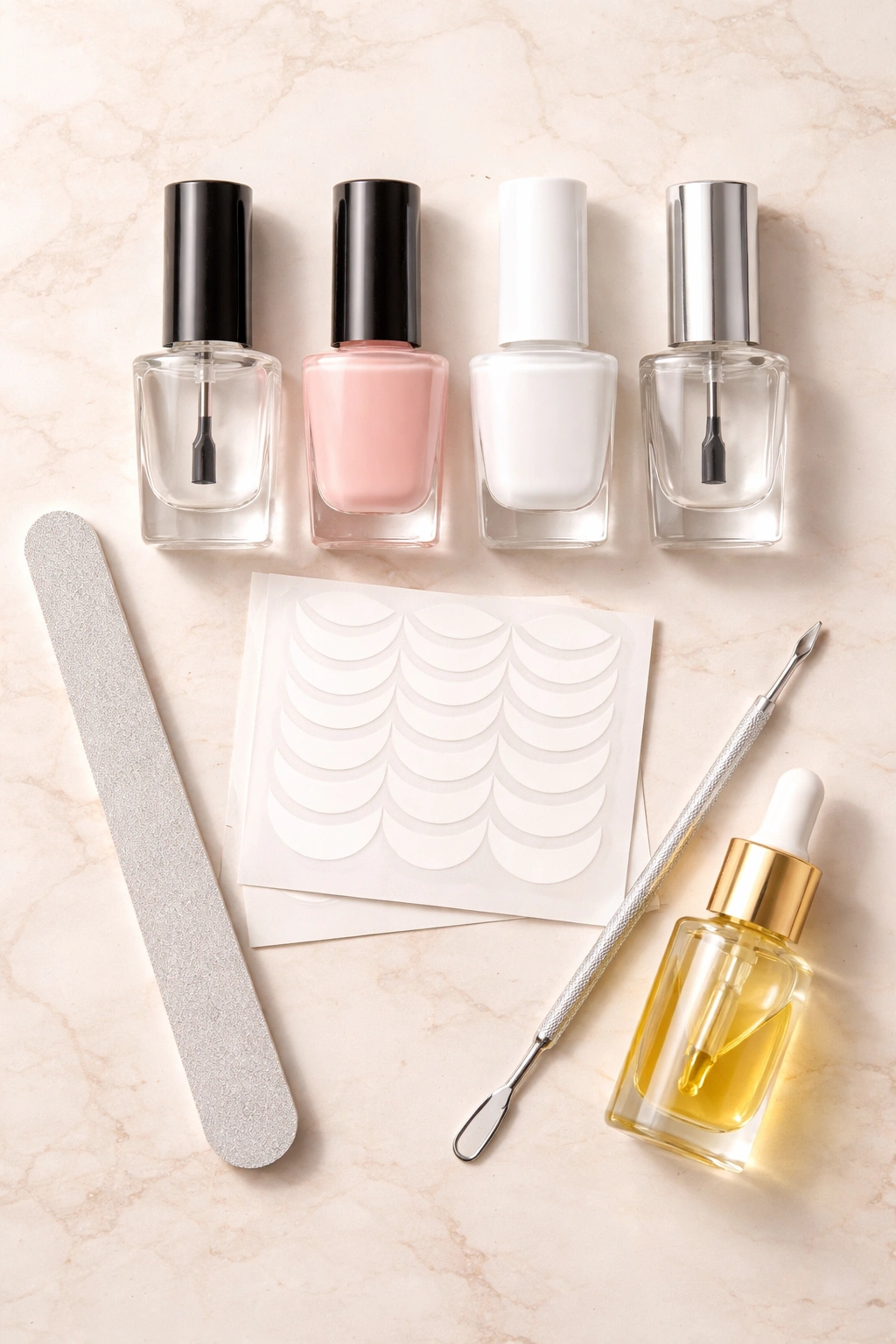 Flat lay of nail polishes, guides, and basic tools for French tips.