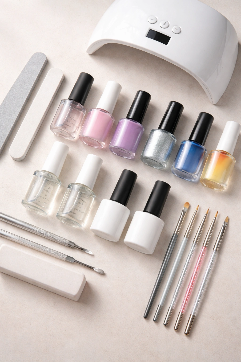 Flat lay of essential blooming gel supplies and tools on neutral background