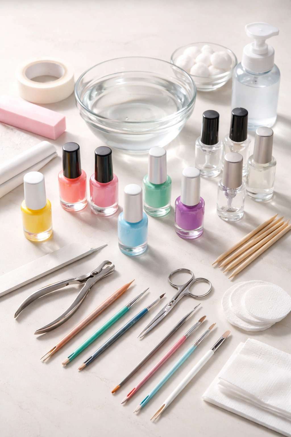 Top-down flat lay of unlabelled nail polish bottles and manicure tools
