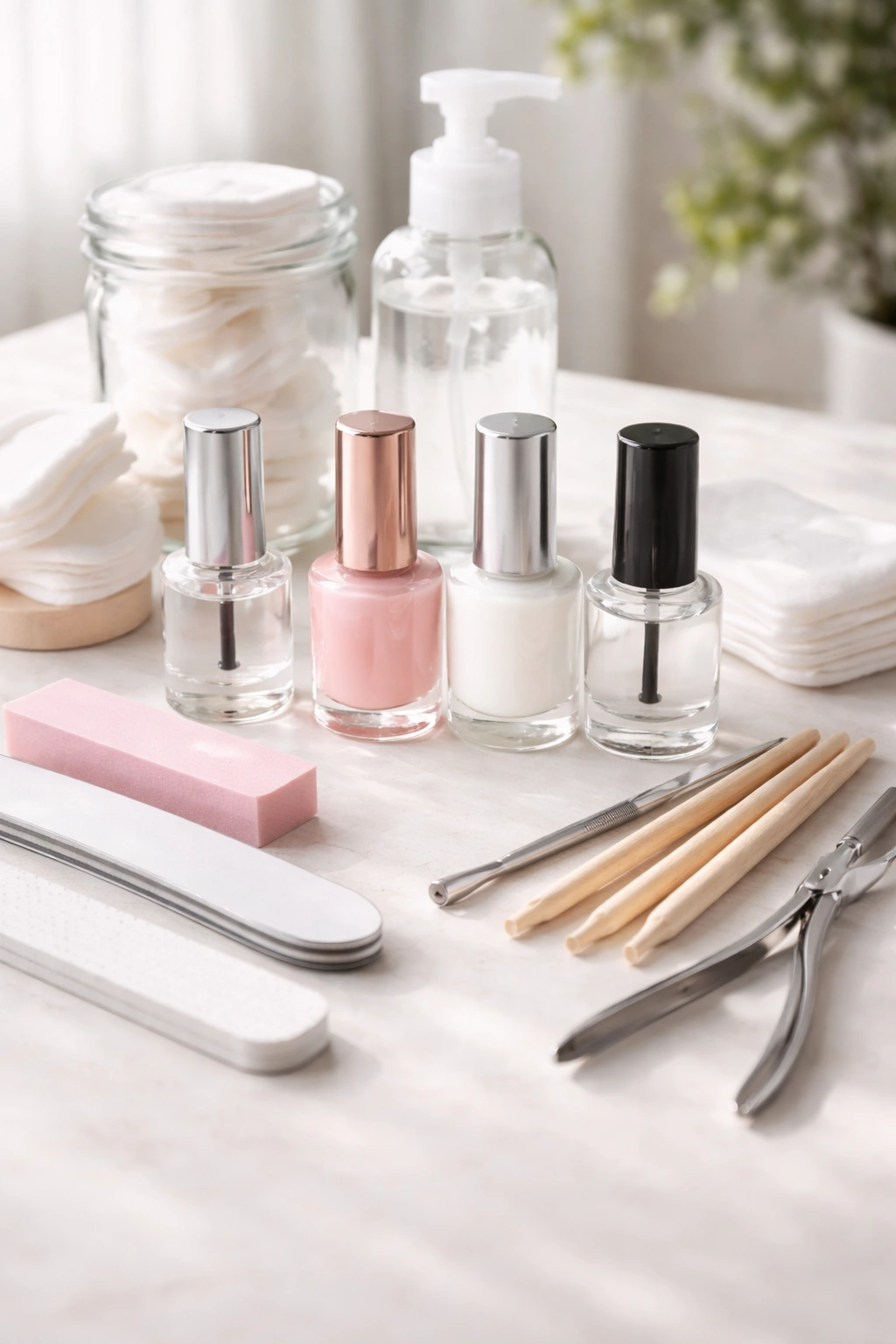 Neatly arranged nail supplies for French tip manicure on a clean surface.