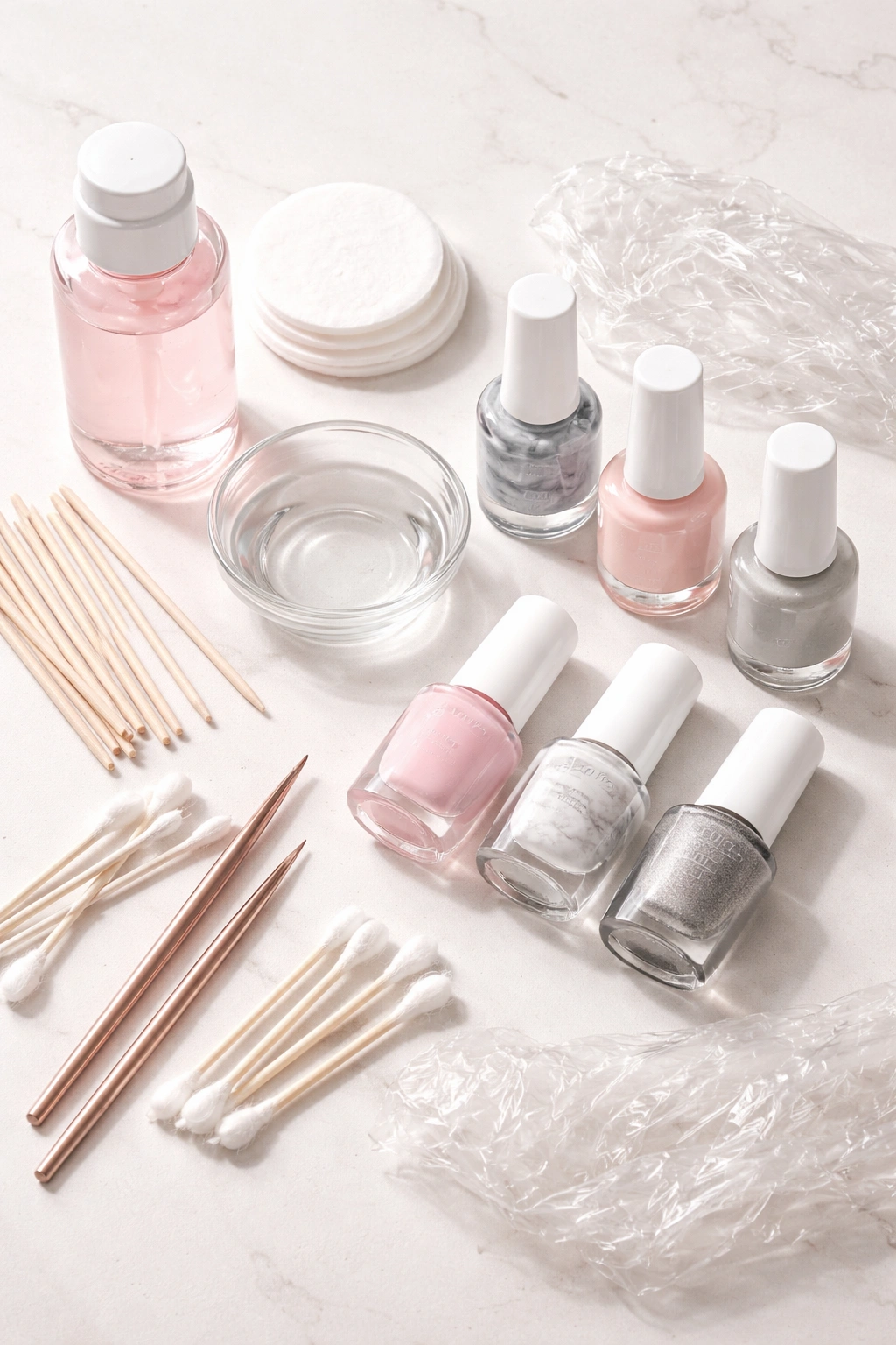 Flat lay of marble nail supplies including base coat top coat polishes and cleanup tools