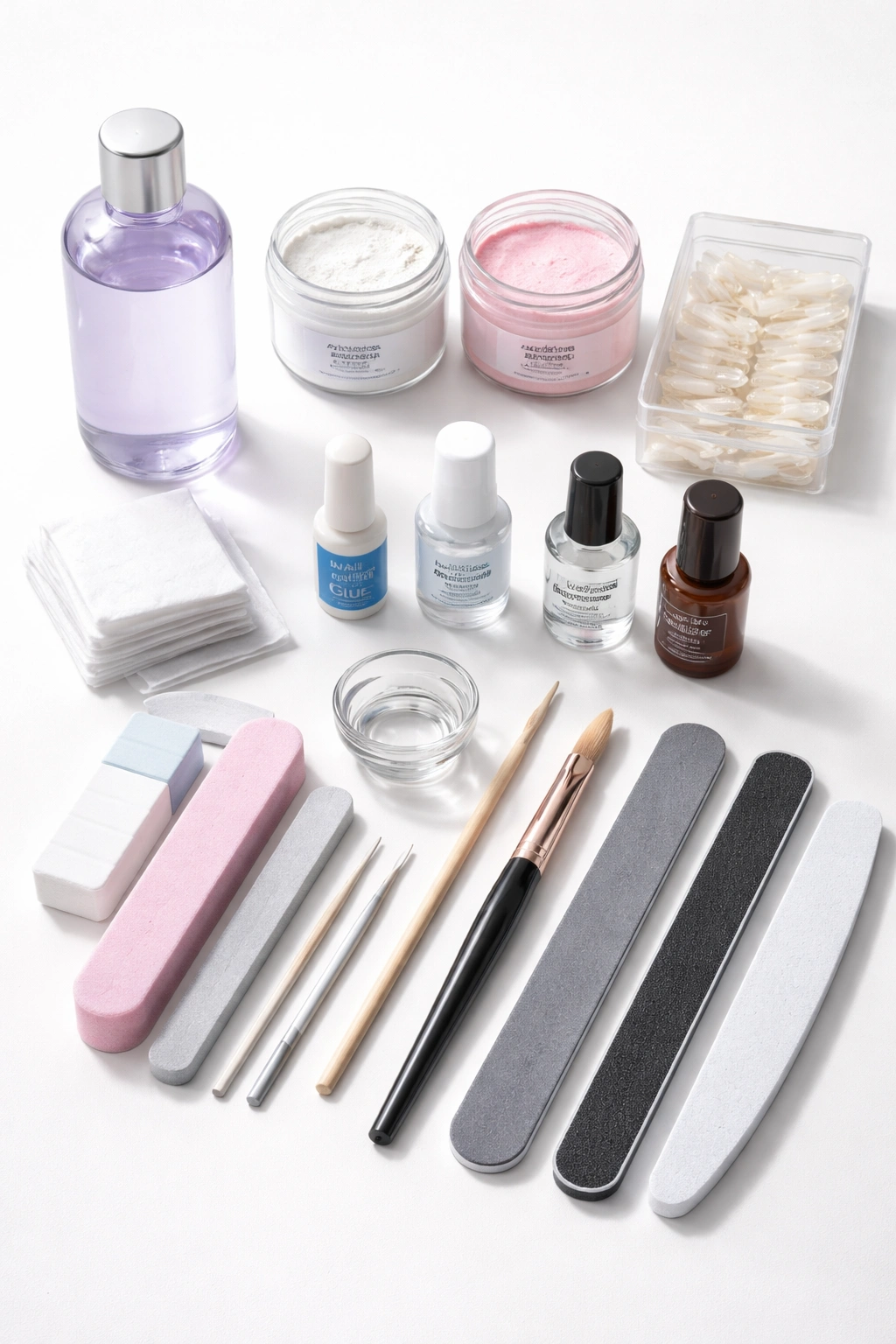 Top-down view of an organized acrylic nail supply kit