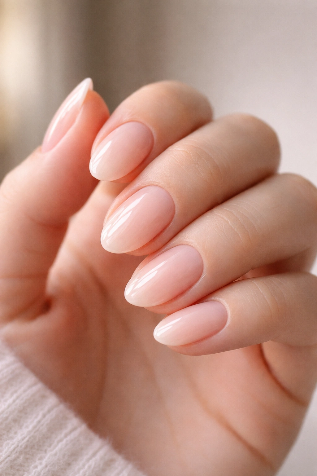 Close-up of extra-short almond gel extensions with a slim apex and soft taper