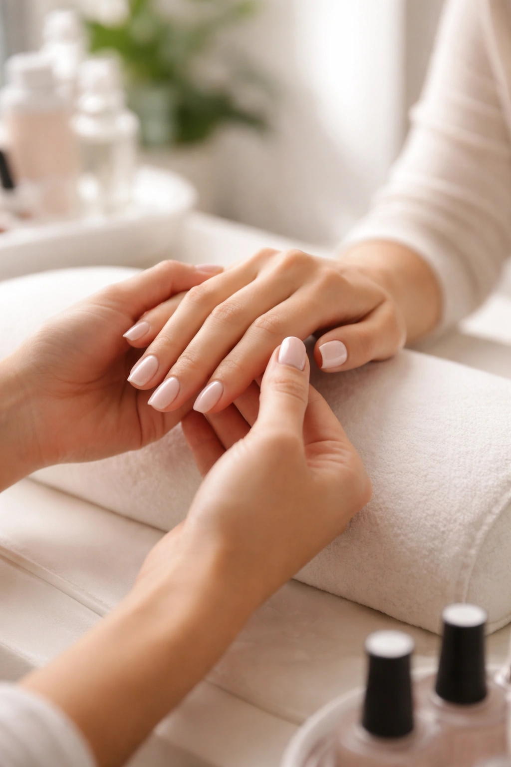 Close-up of client and nail technician hands during manicure, emphasizing relationship and communication