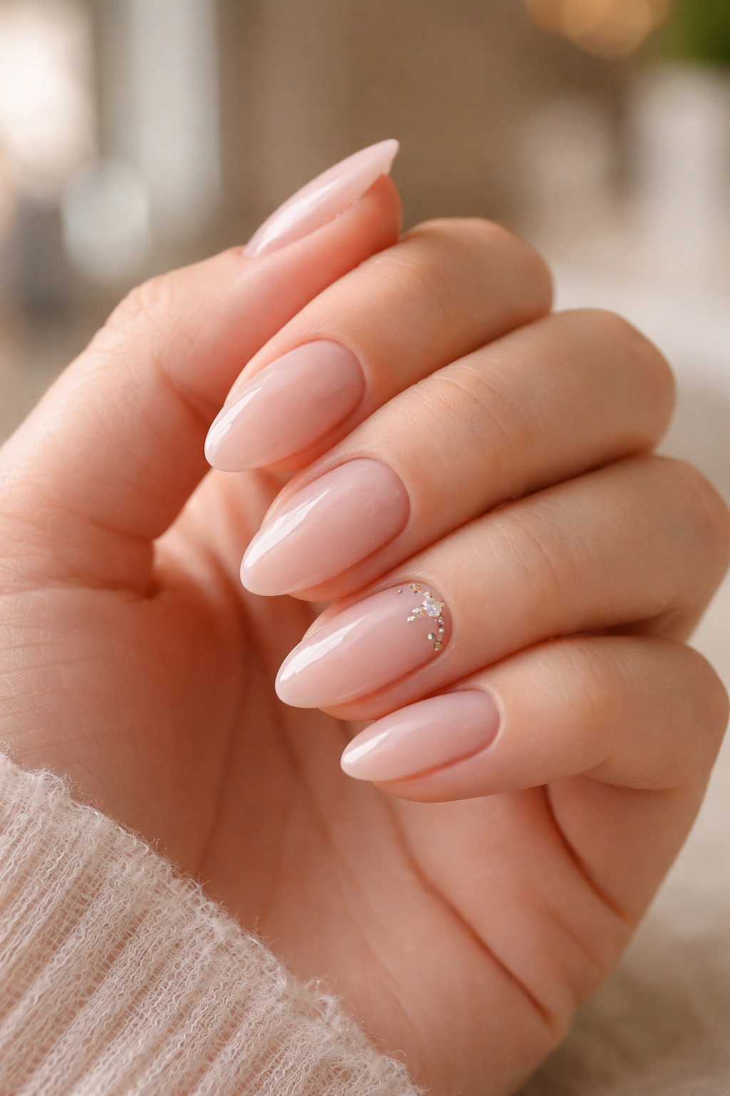 Close-up of short almond nails in a softly tapered shape in a neutral salon setting.