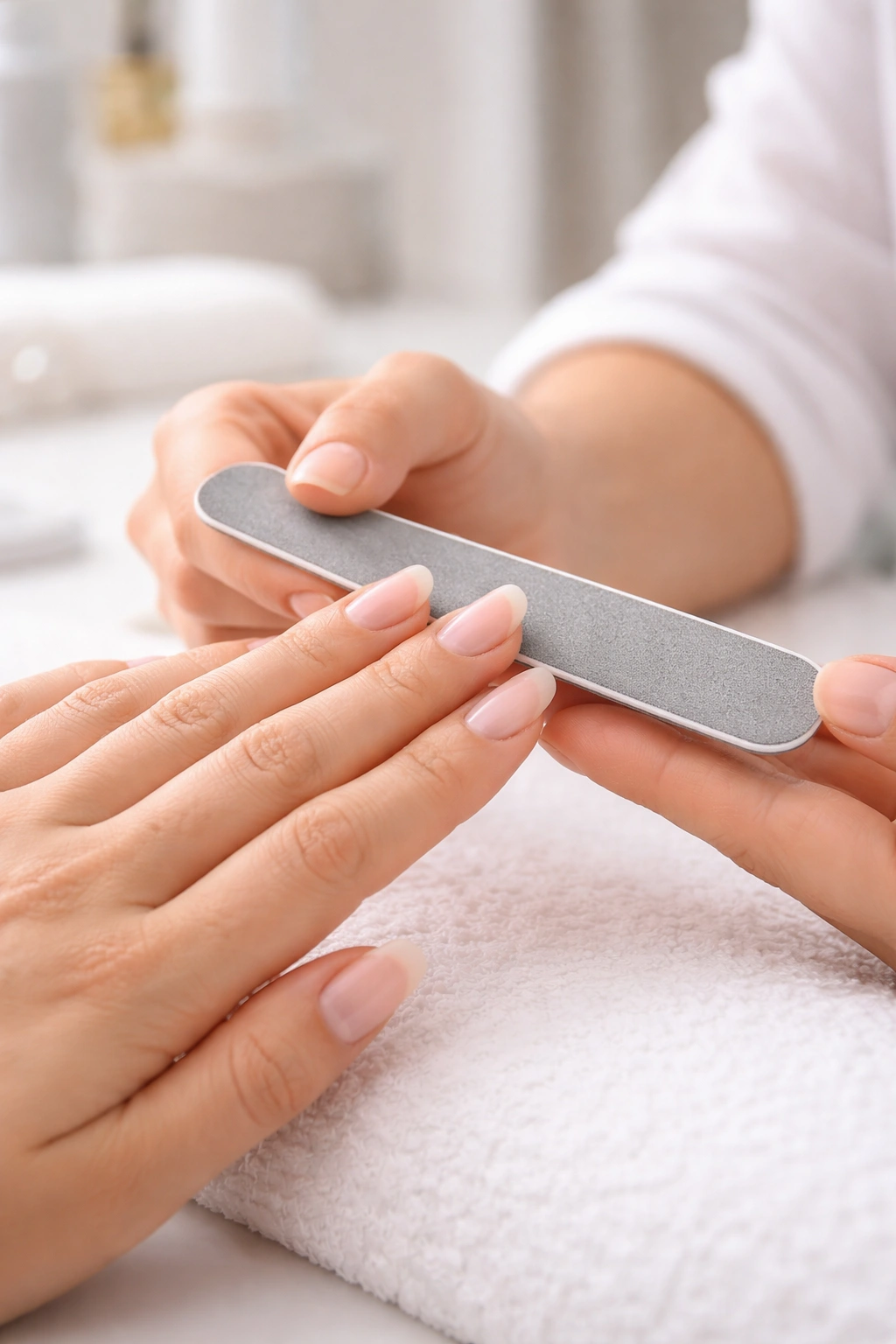 Close-up of hands while a nail technician files nails in a clean salon