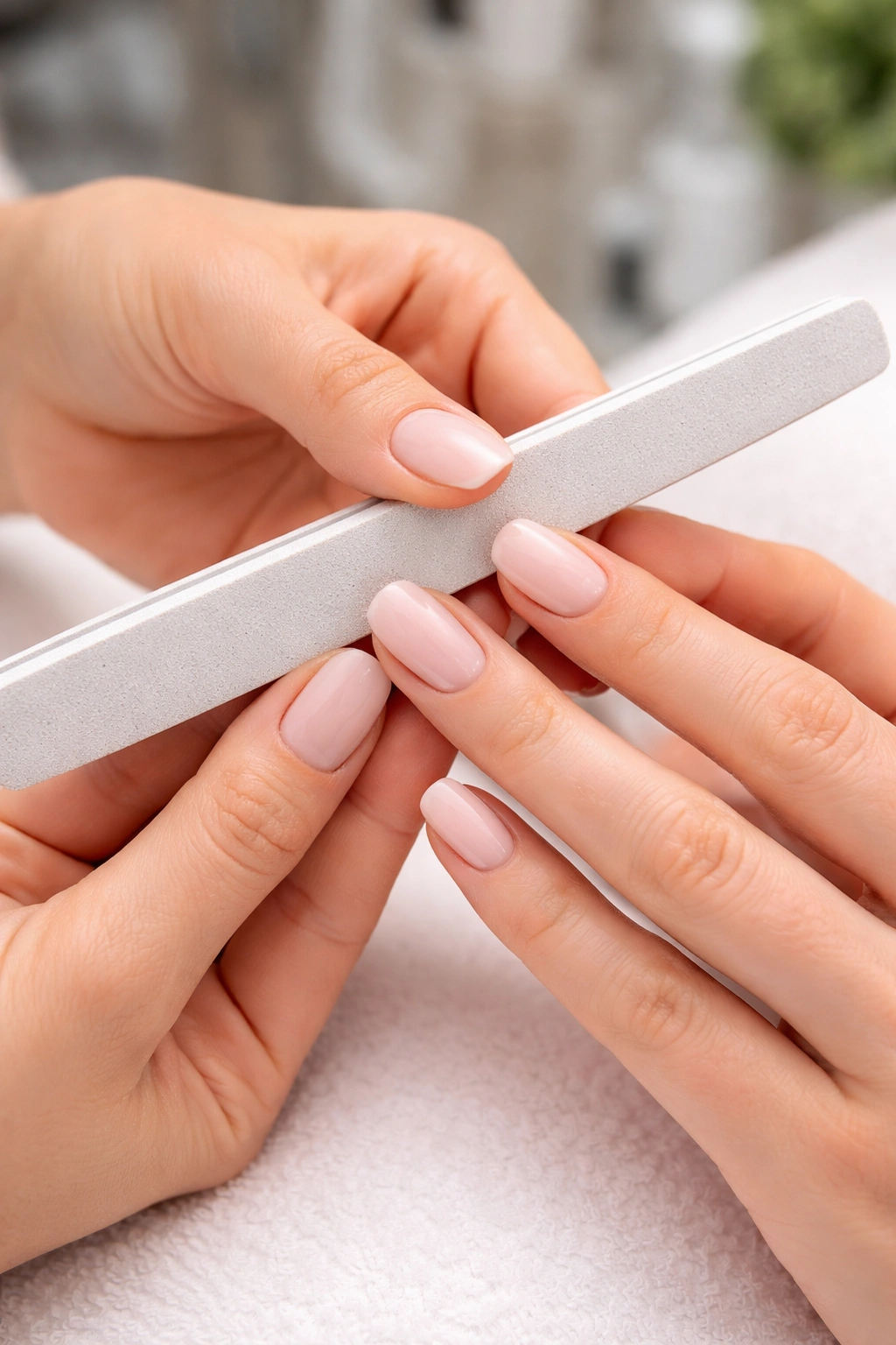 Close-up of a nail technician shaping squoval nails