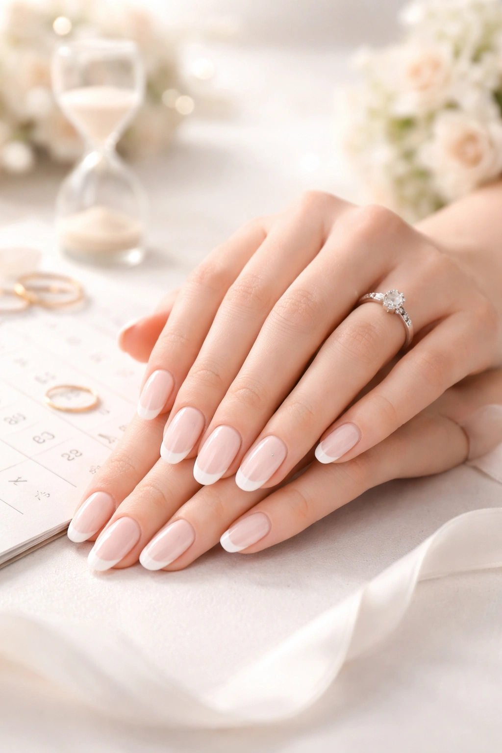 Close-up of hands with pristine manicure against a neutral background suggesting timing and scheduling