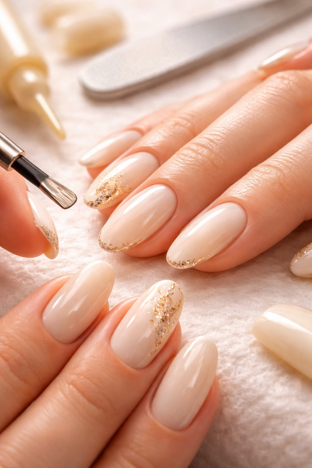 Close-up of hands during manicure with cream and gold nails