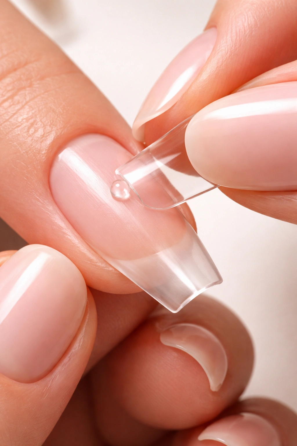 Close-up of nail tip being placed on natural nail with adhesive dot
