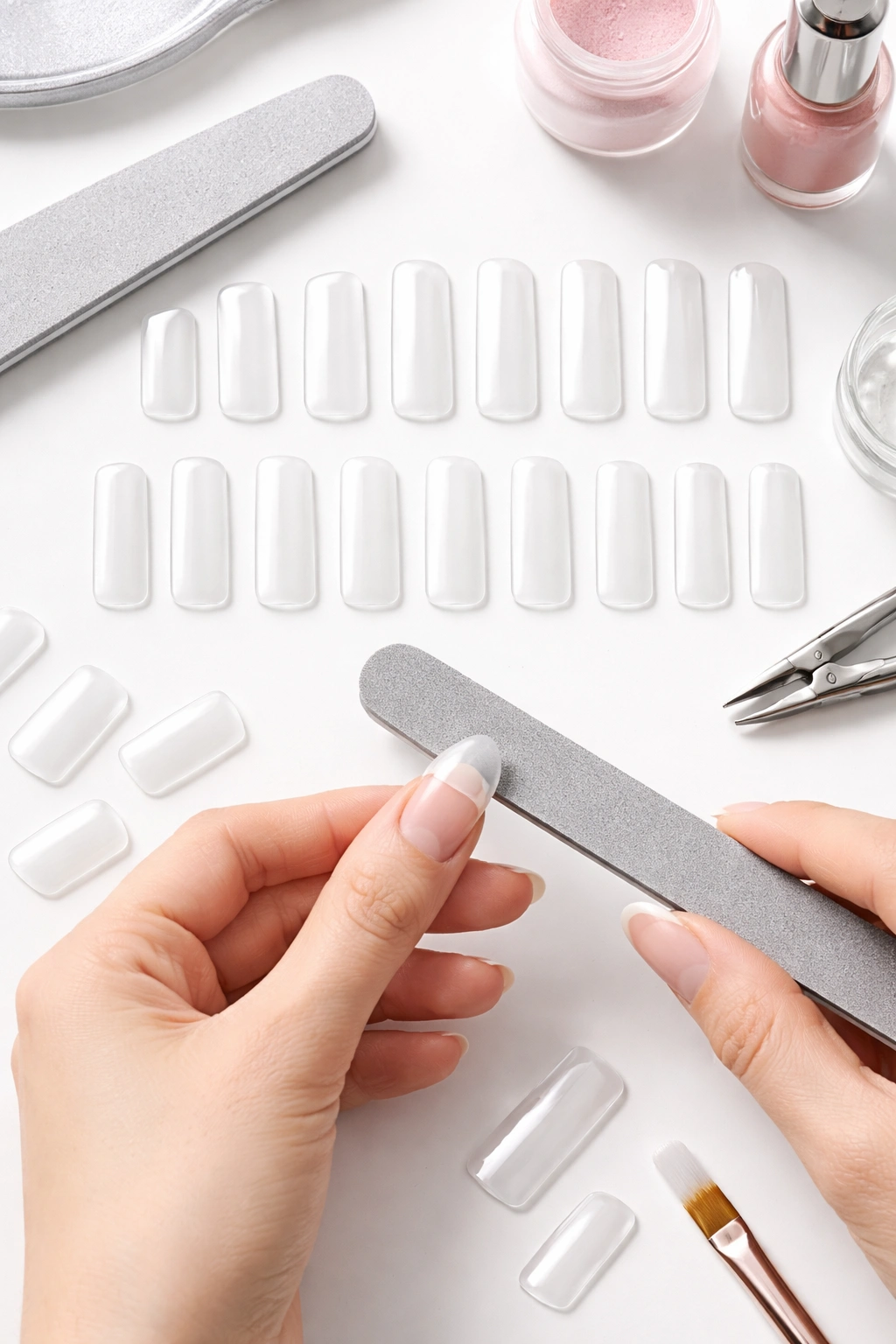 Nail tips arranged by size showing squoval profile