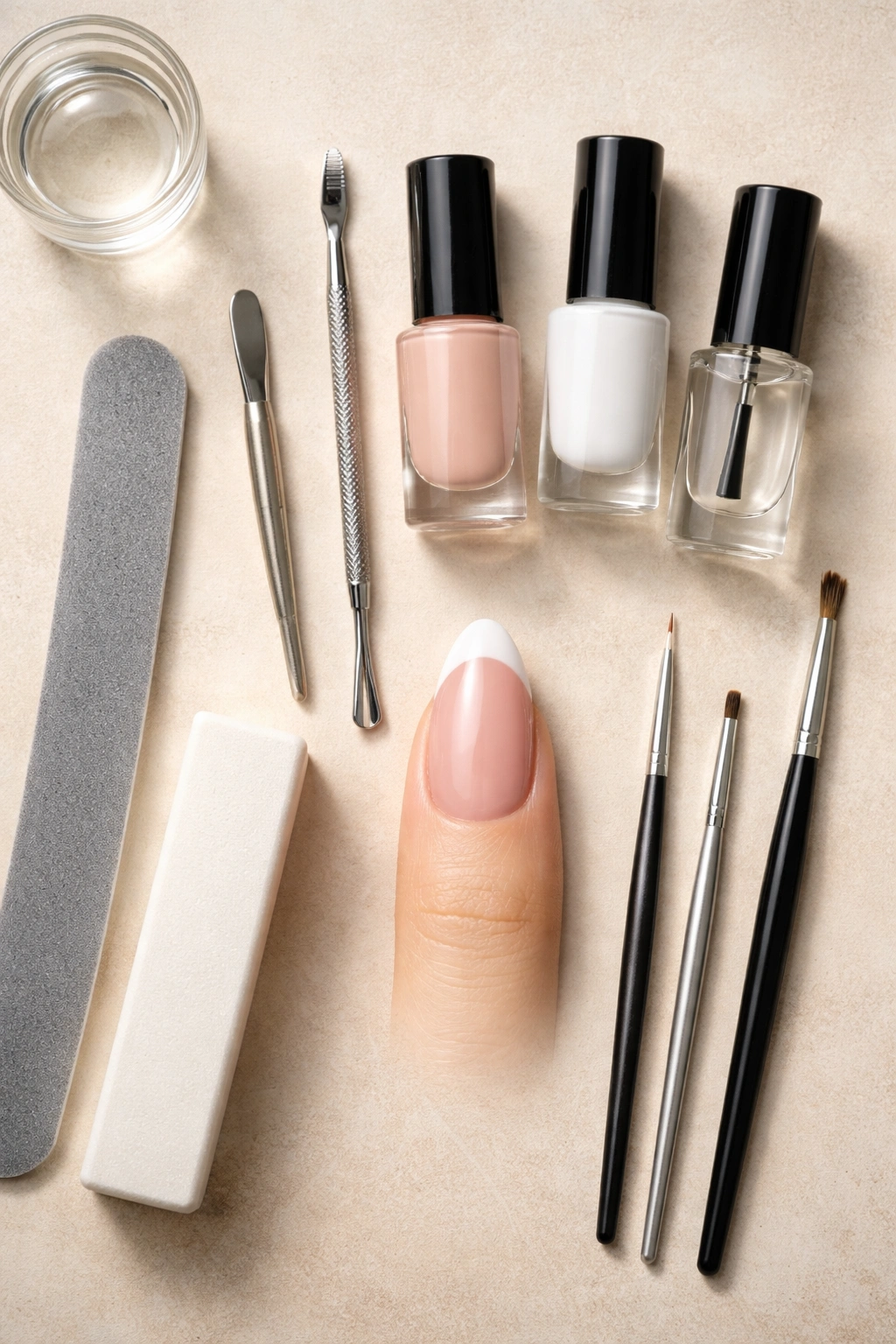 Flat lay of essential nail tools around an almond nail