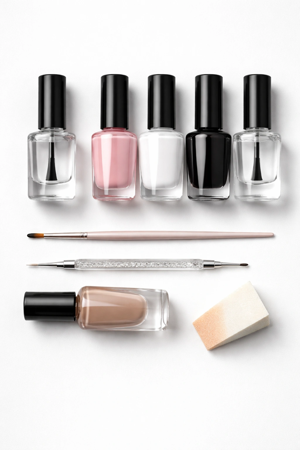 Flat lay of nail tools and materials for cow print nails