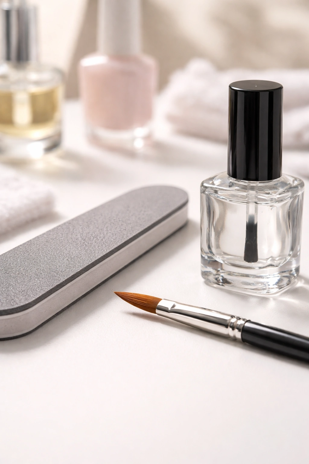 Close-up of buffer, cleanup brush, and top coat on a clean manicure station