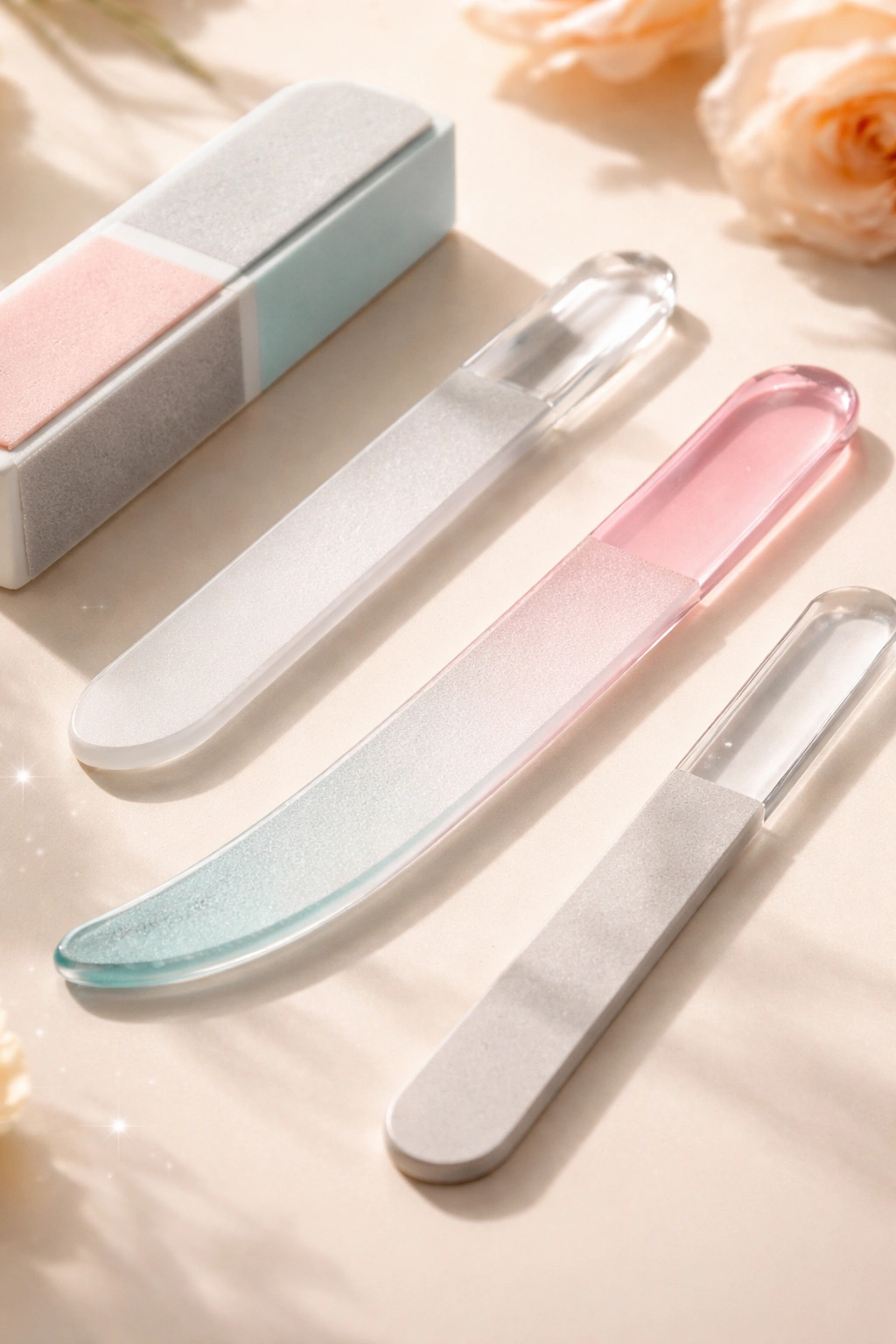 Close-up of curved crystal file, glass file, and buffer on a clean surface