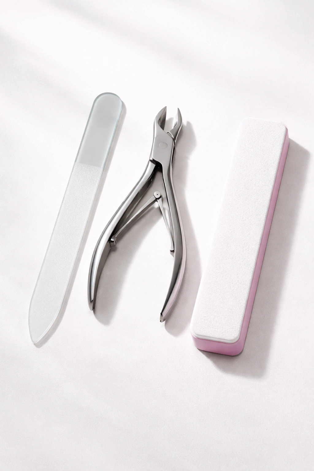 Top-down view of glass file, curved-edge clippers, and buffer on a clean surface