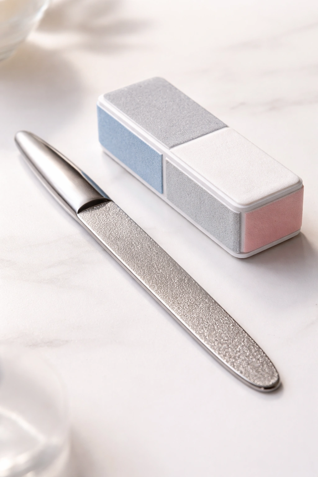 Close-up of a high-quality metal nail file and four-sided buffer on a clean surface.