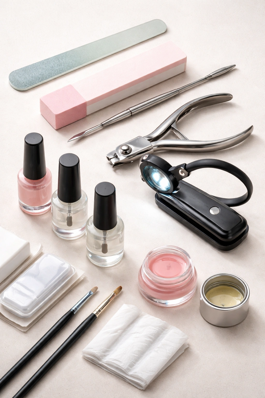 Flat lay of gel nail tools arranged for maintenance
