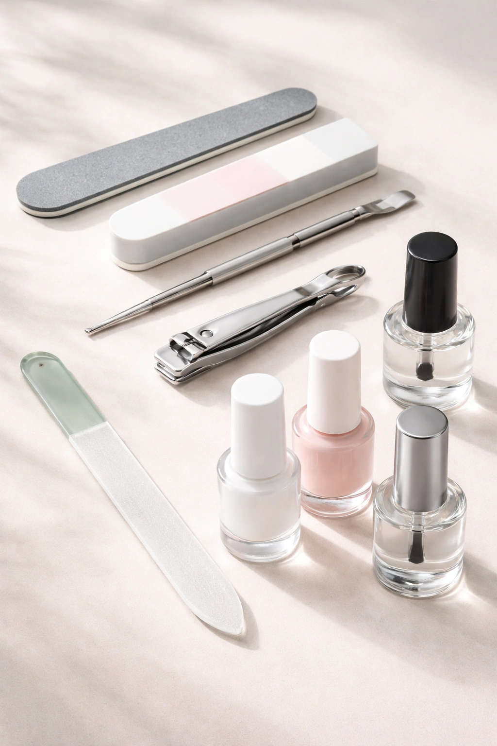 Flat lay of essential nail tools for short French tips: file buffer pushers clippers base coat and polishes