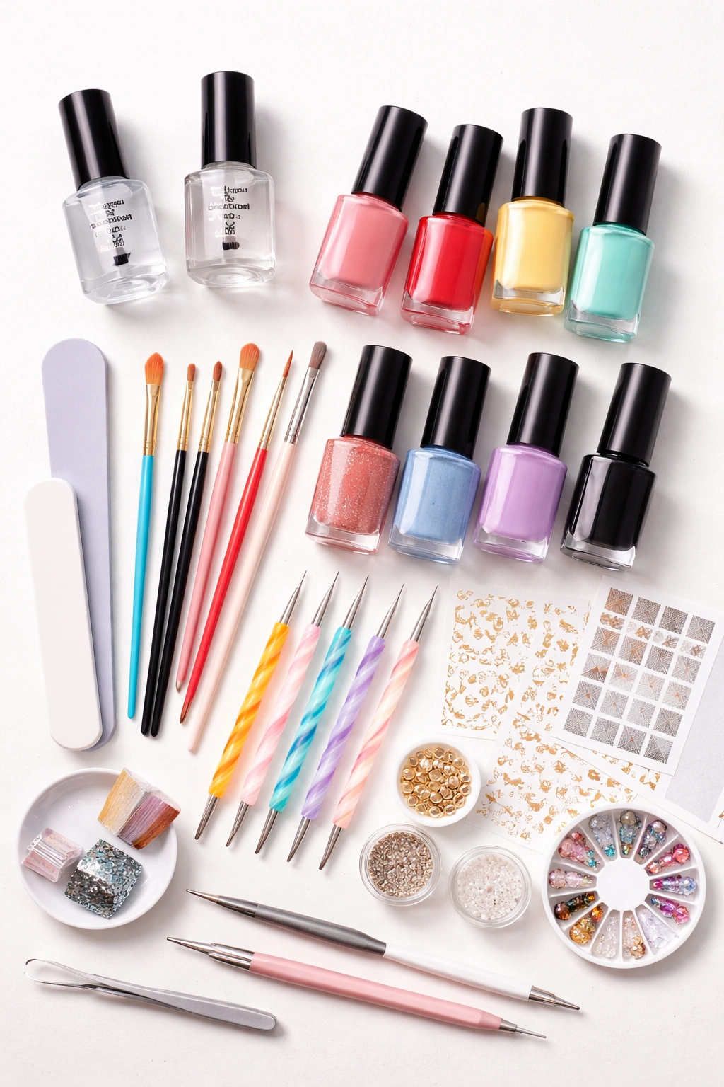 Flat lay of essential nail art tools and supplies