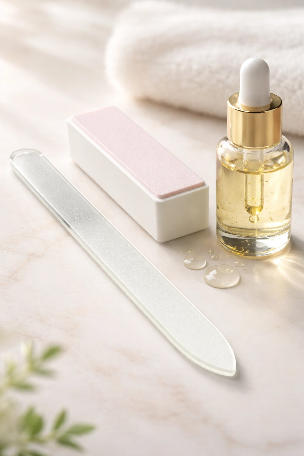 Close-up of nail shaping tools including glass file and buffer