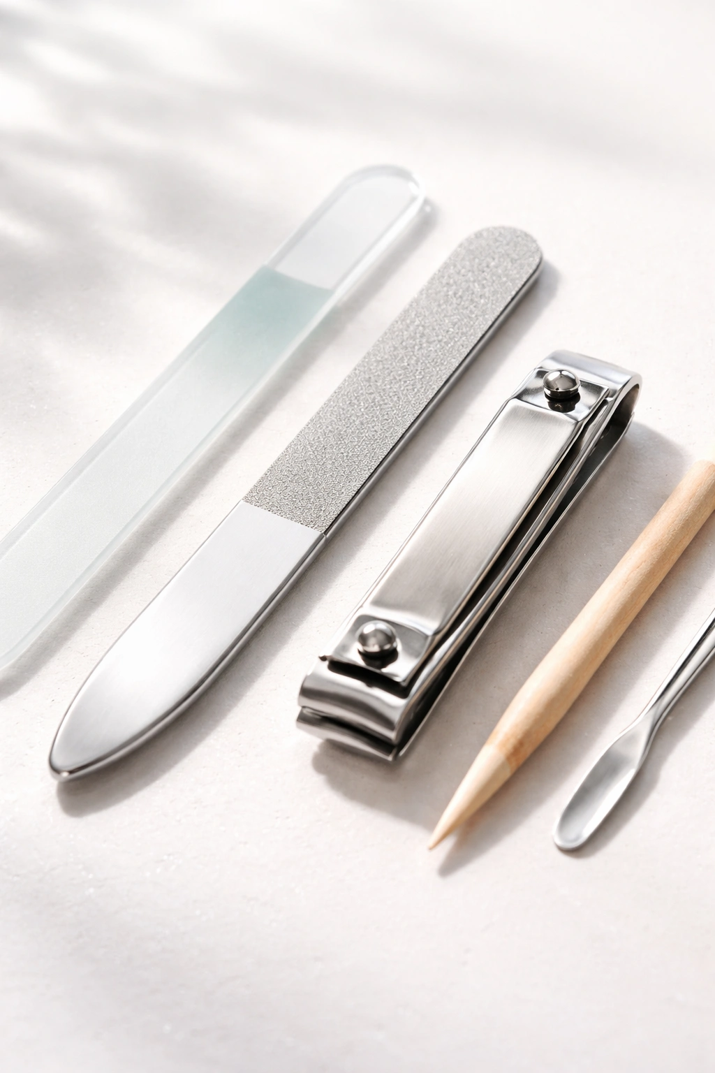 Close-up of premium nail care tools arranged on a clean surface, including glass file, metal file, straight-edge clipper, and wooden cuticle pusher