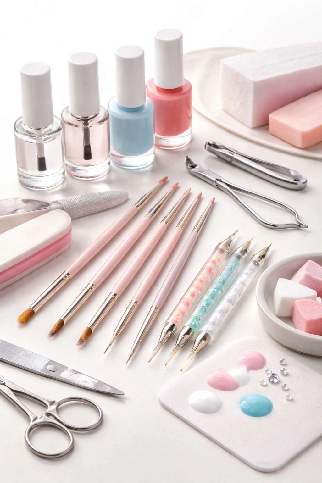 Close-up of assorted nail art tools and supplies neatly arranged on a light surface.