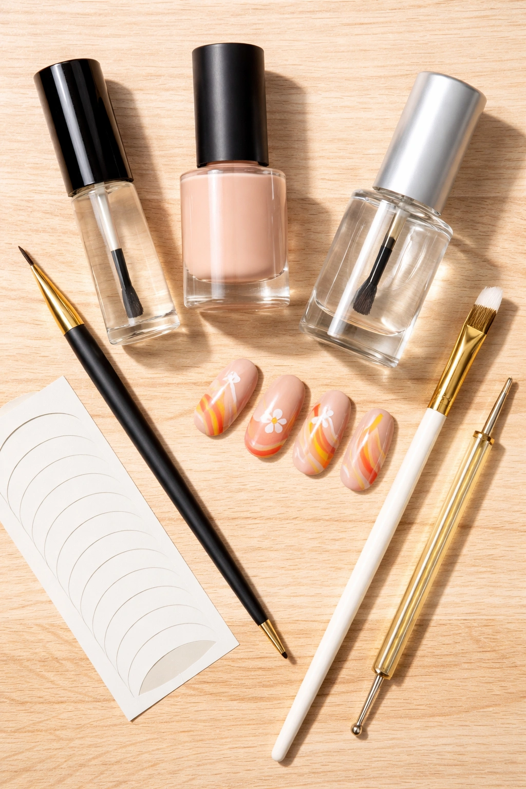 Flat lay of manicure tools and a short almond nail swatch
