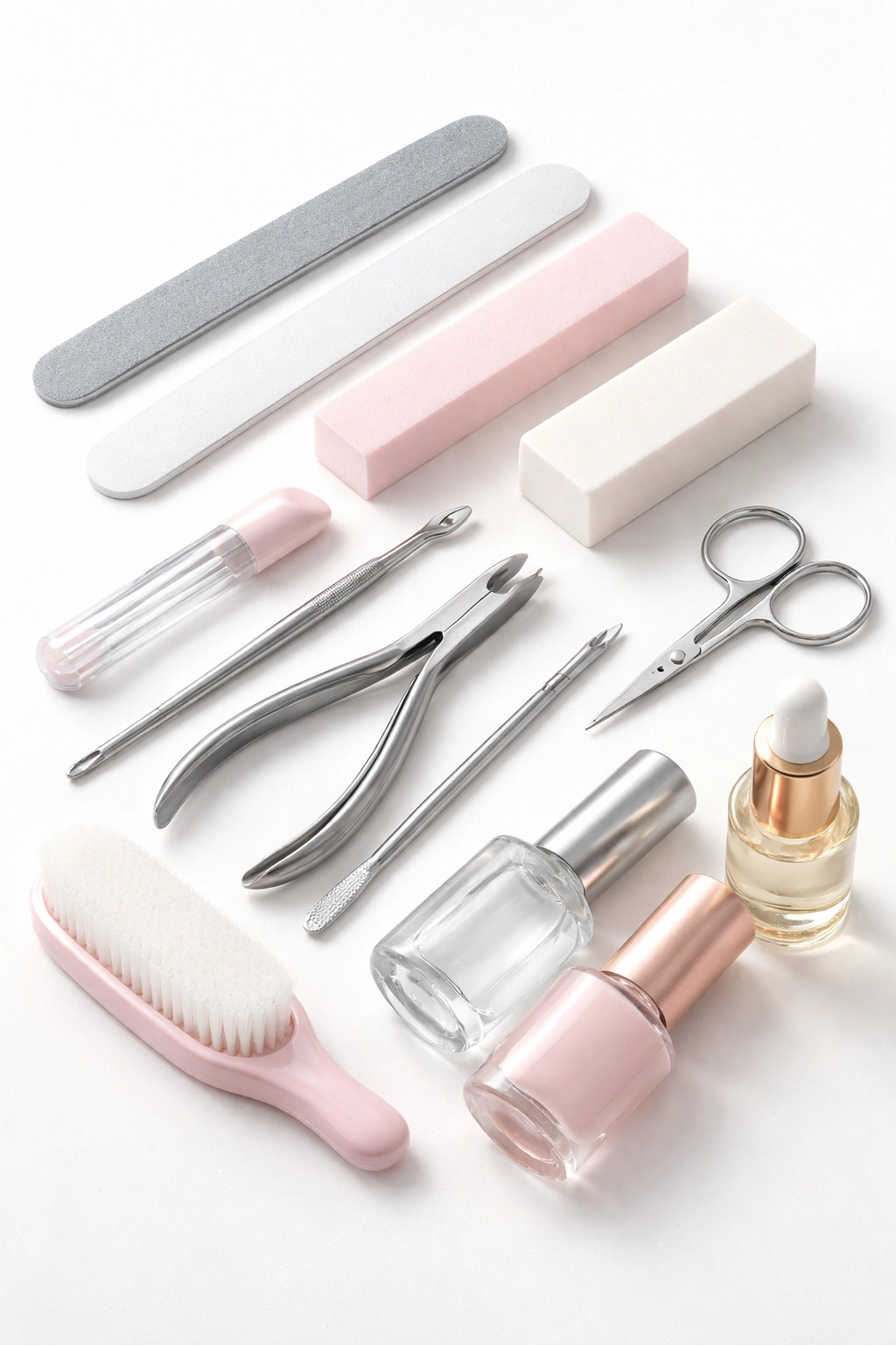 Neatly arranged nail care tools on a clean surface