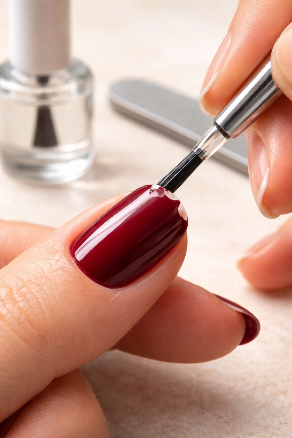 Close-up of a fingernail being touched up with clear polish