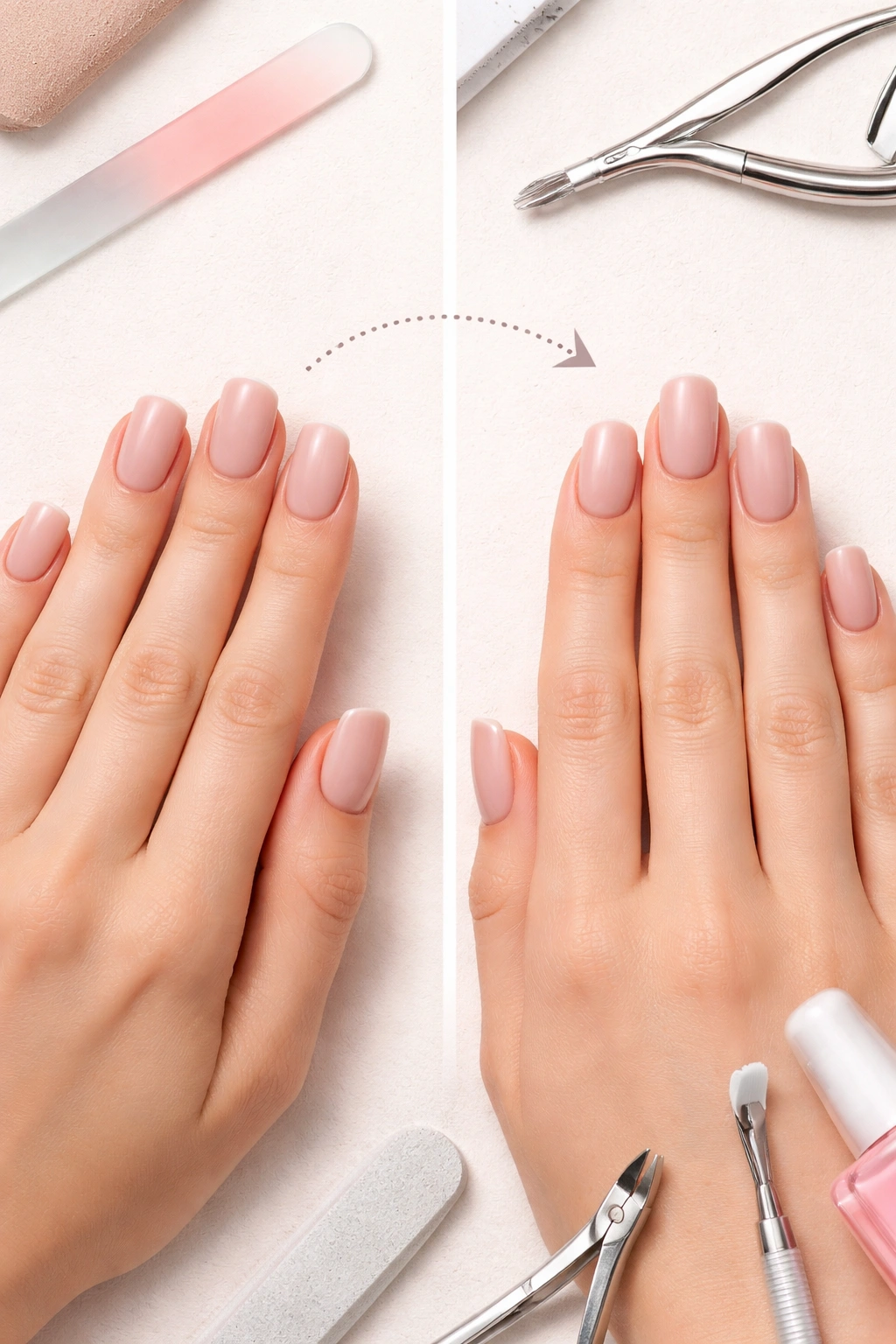 Two hands showing different nail shapes to illustrate transitioning