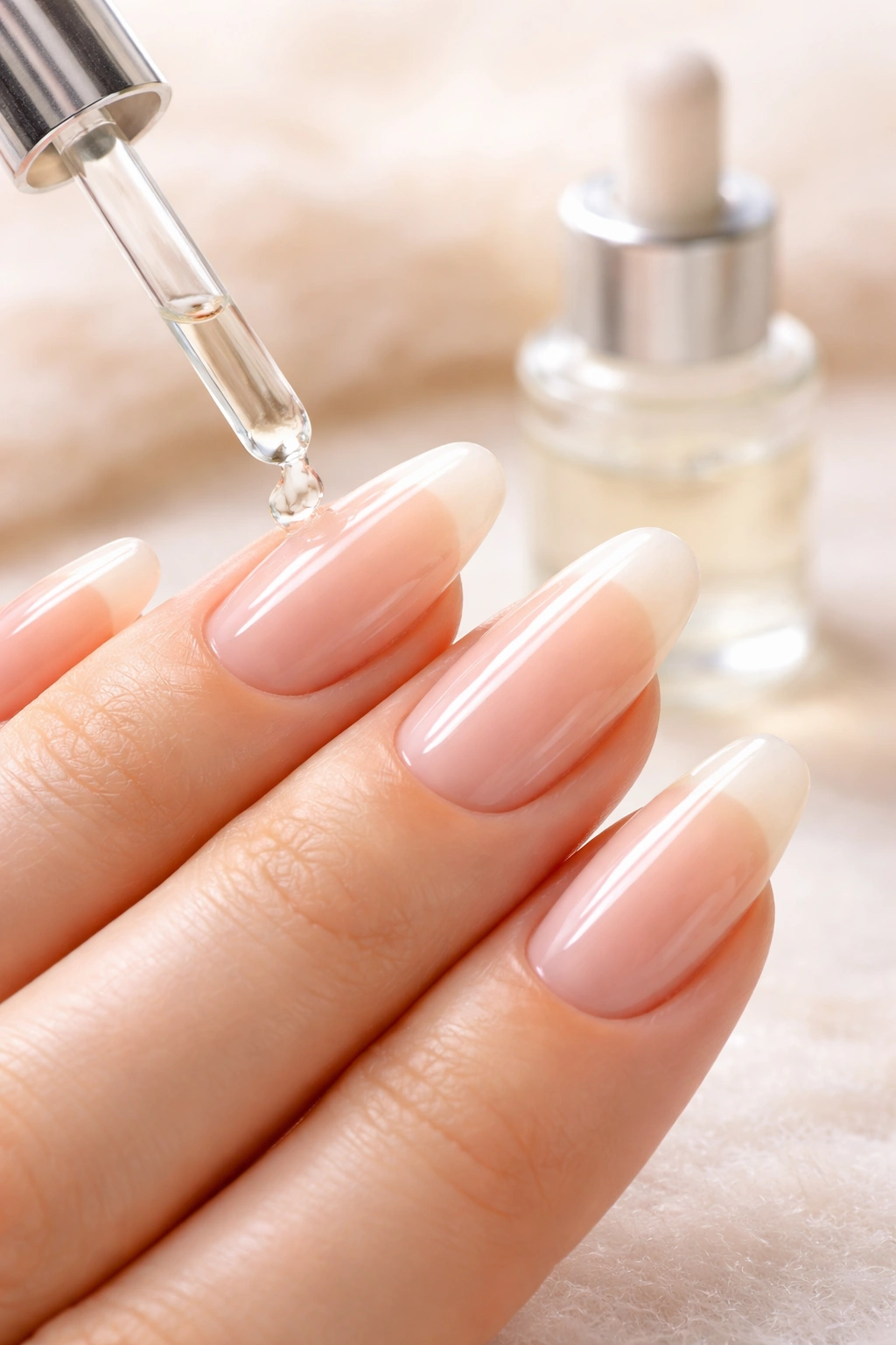 Close-up of nails with strengthening treatment and a soft-focus bottle