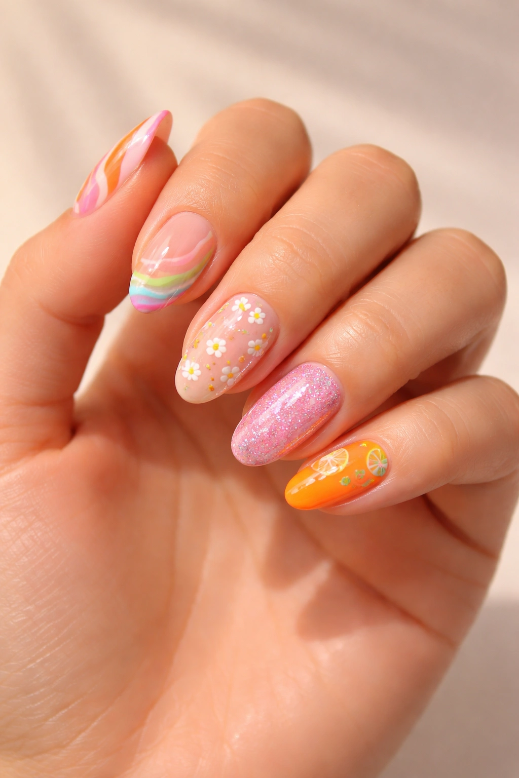 Hand with a variety of summer nail designs on different nails