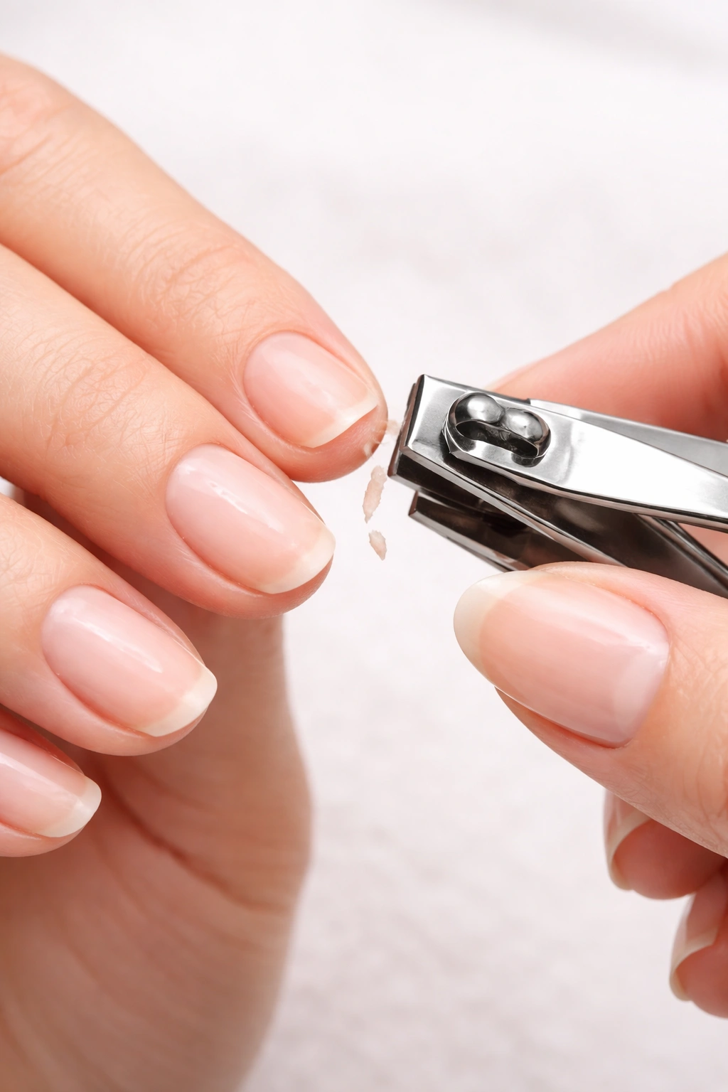Close-up of hands trimming a broken nail with nail clippers