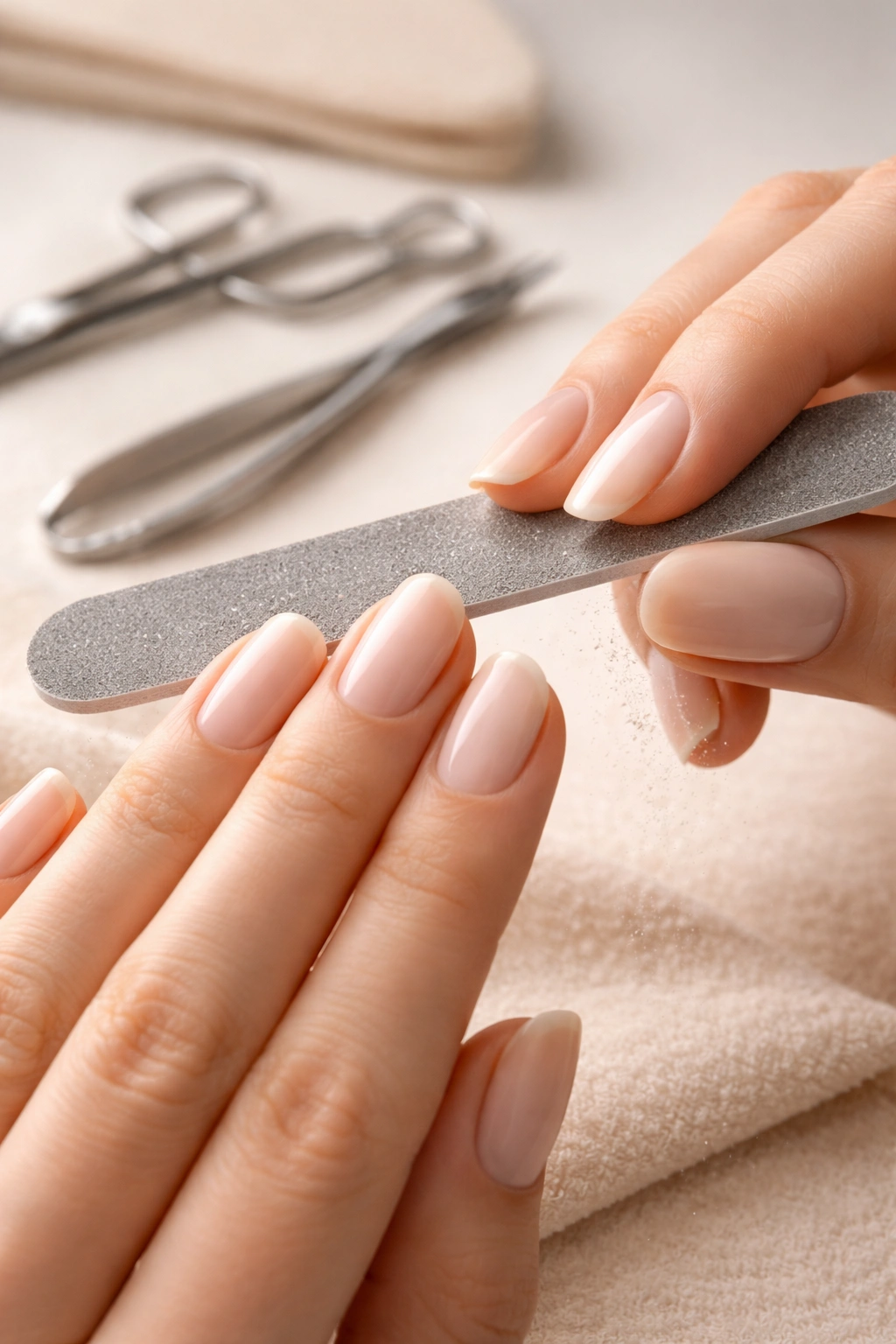 Neatly trimmed and shaped natural nails with smooth edges