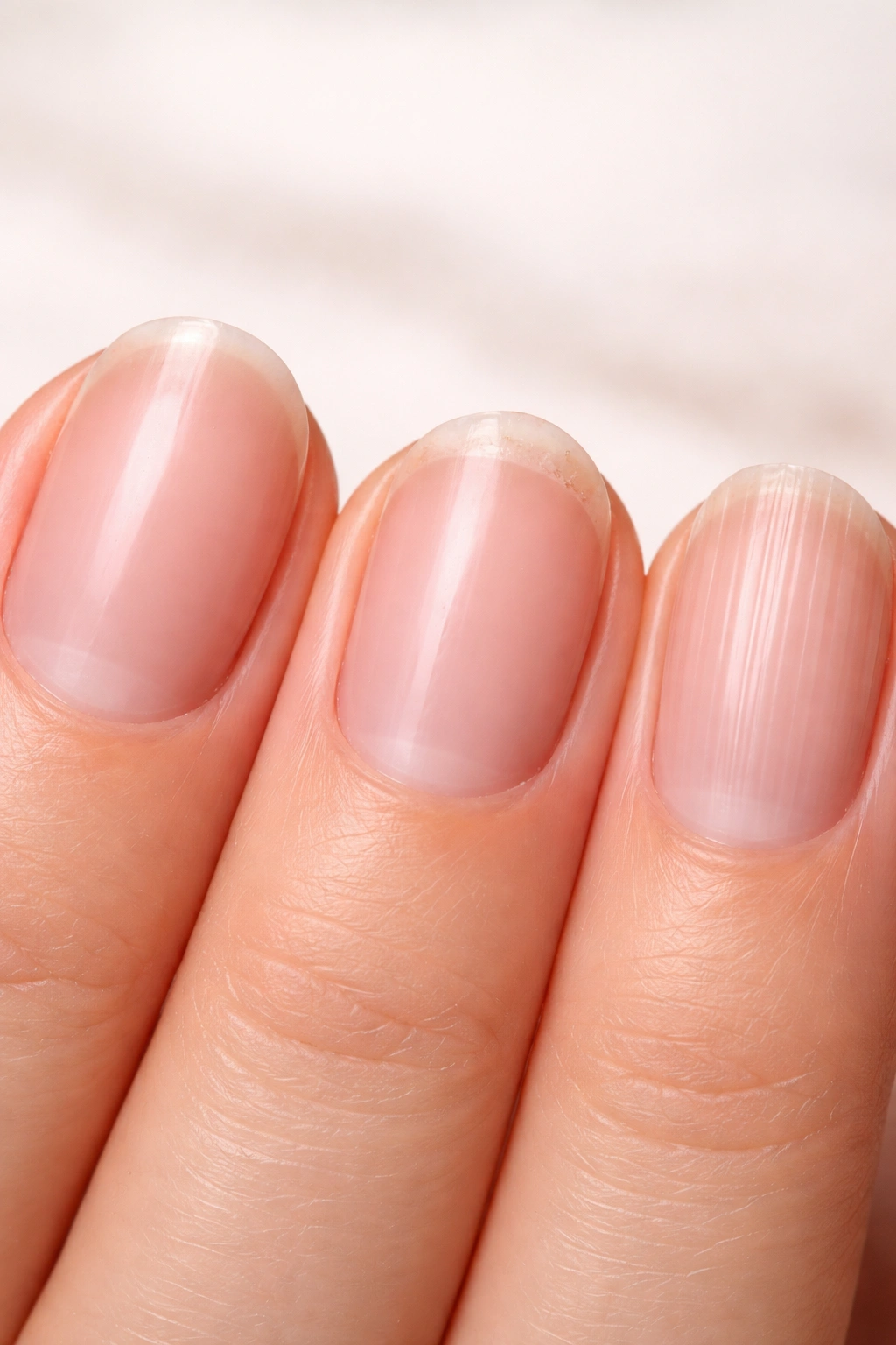 Hand displaying nails with varied textures: thick smooth, thin brittle, ridged