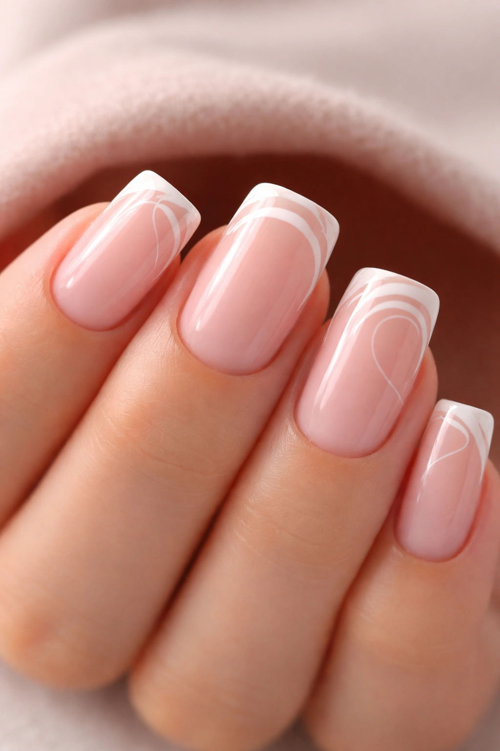 Close-up of blush pink nail with white minimalist line art on the duck tip