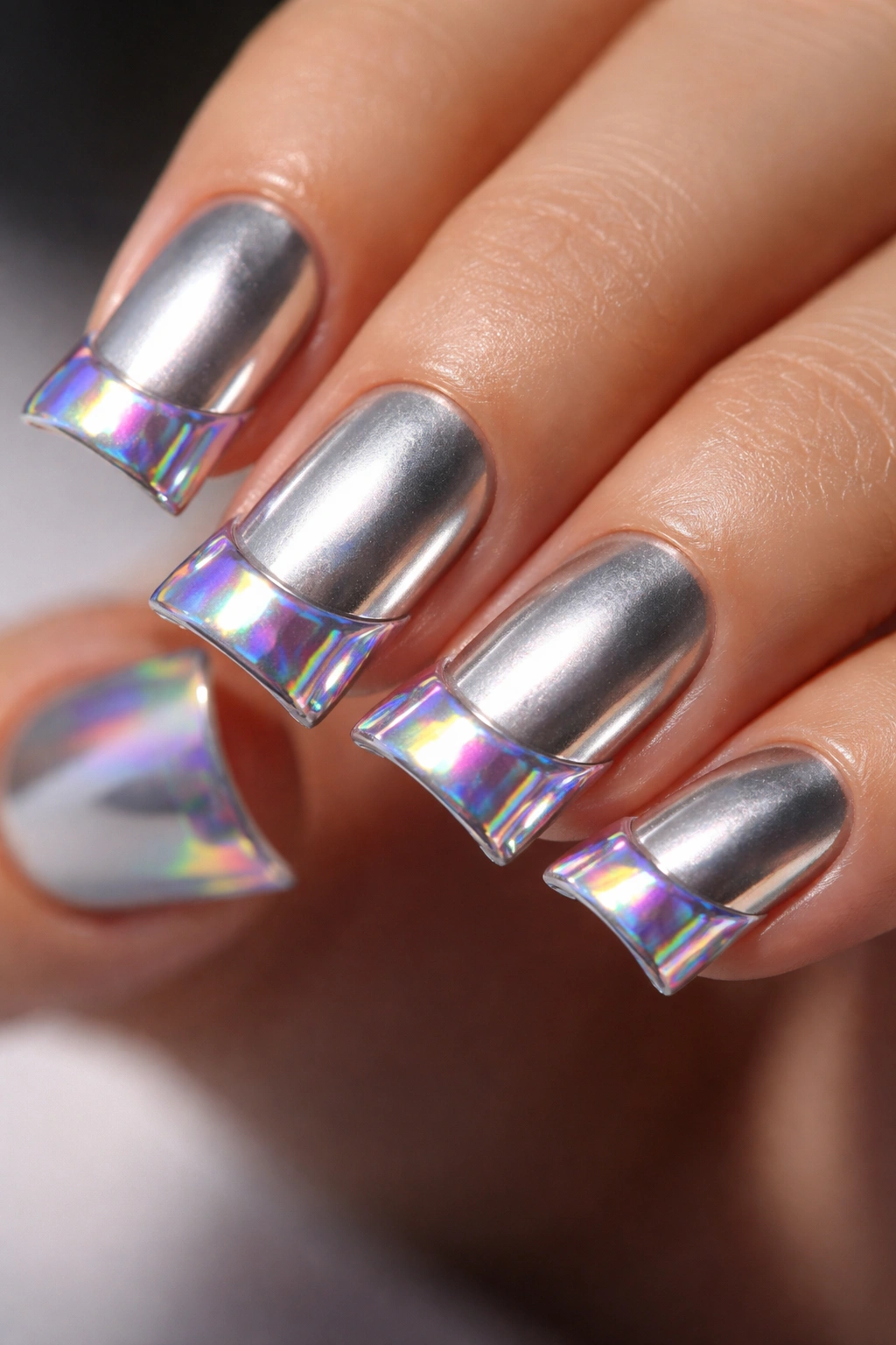 Close-up of chrome nail with holographic flip on duck tip
