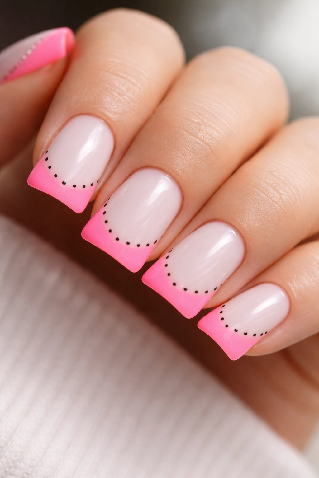 Close-up of milky white nail with neon pink duck tip and micro dots
