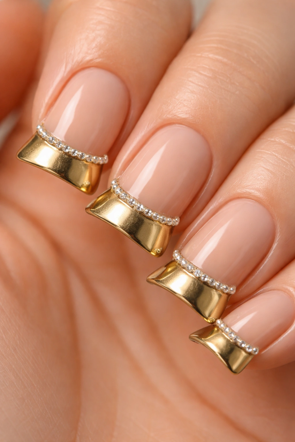 Close-up of nude nail with metallic gold duck tip and rhinestone accent on short nail