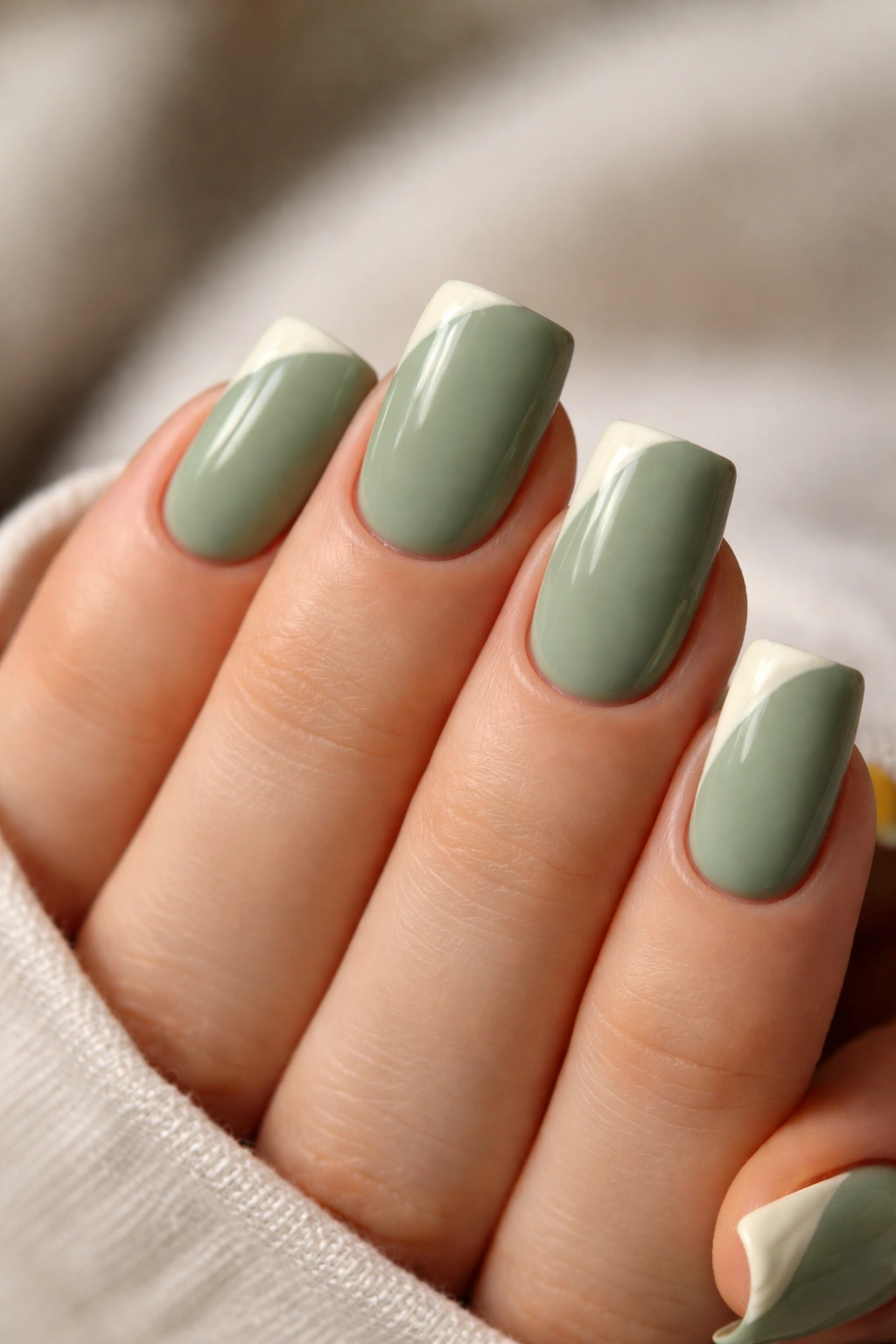 Close-up of sage green nail with a cream swipe along the duck tip
