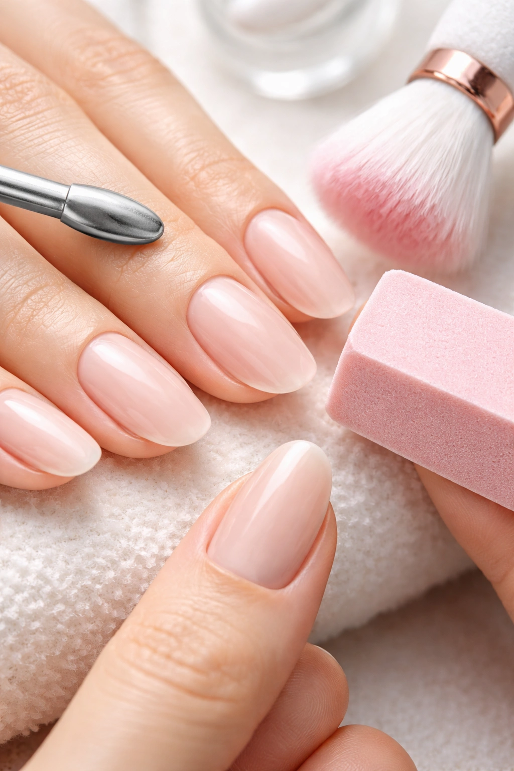 Bare prepped nails with cuticles pushed back and buffed surfaces