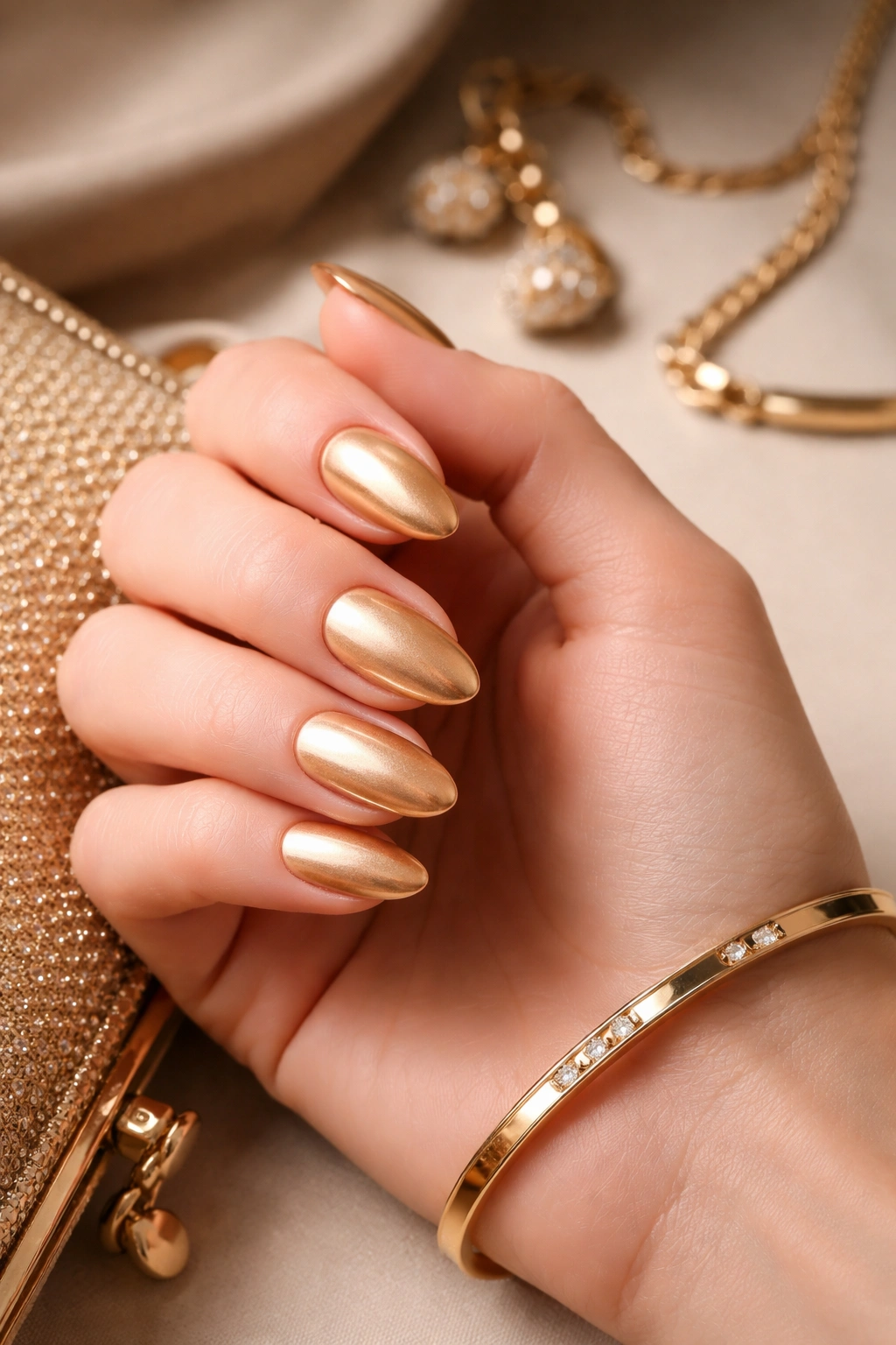 Close-up of gold-painted nails with a matching gold bracelet to show accessory-coordinated nails
