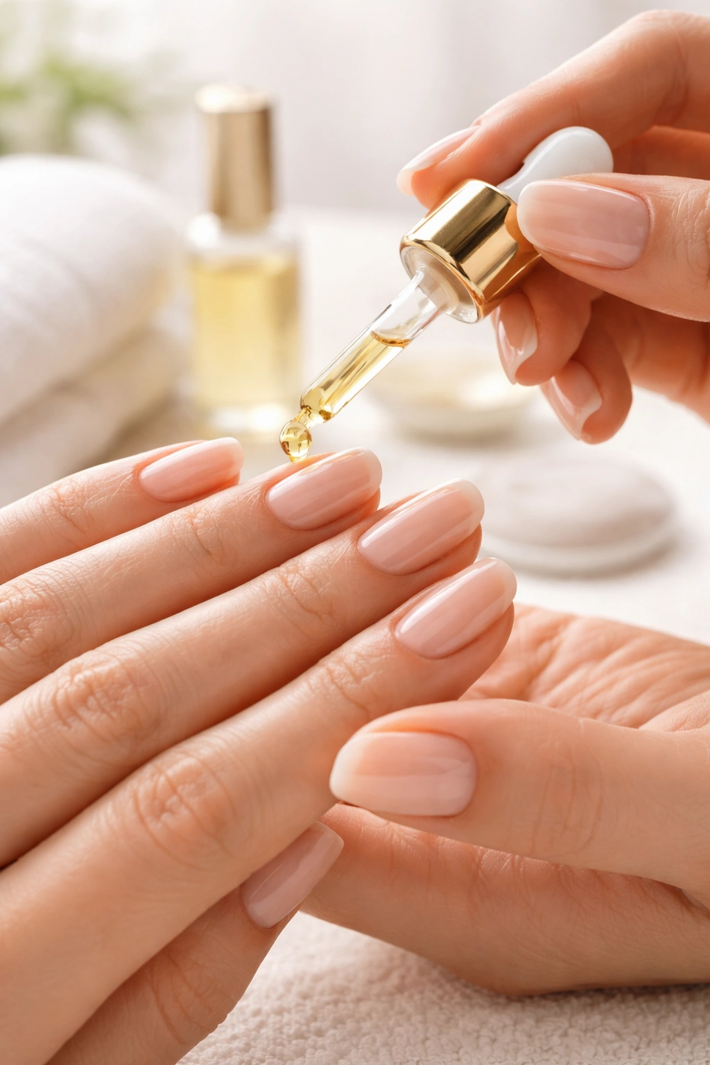 Close-up of hands applying cuticle oil to nails, emphasizing healthy hydrated cuticles.