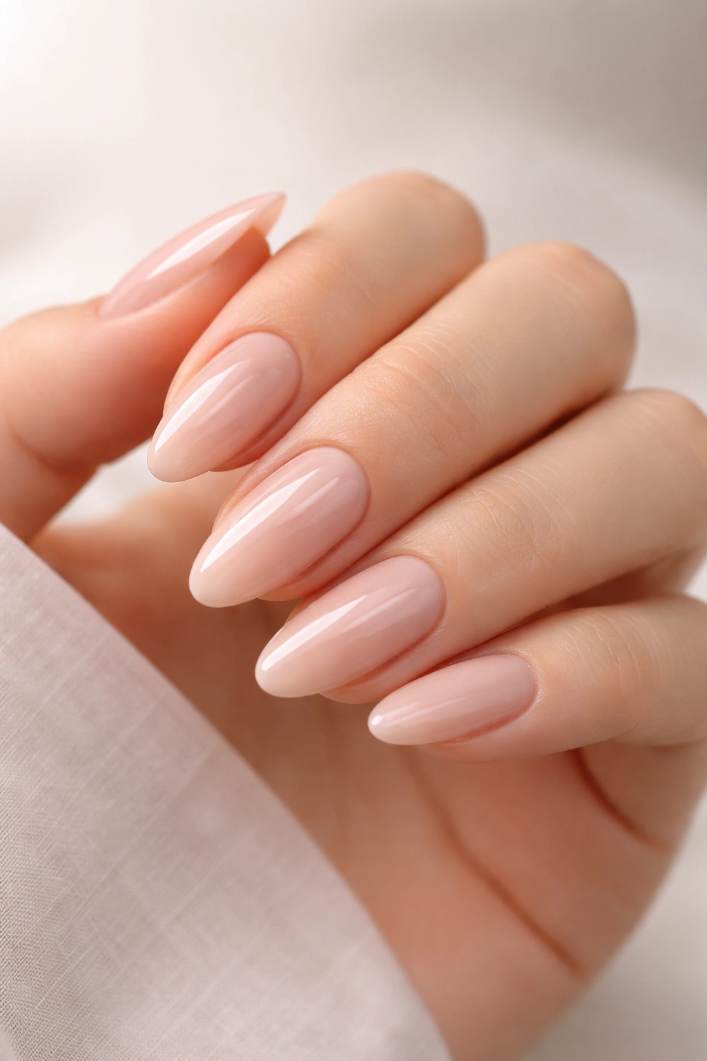 Close-up of almond-shaped nude nails with glossy finish on a single hand, neutral background